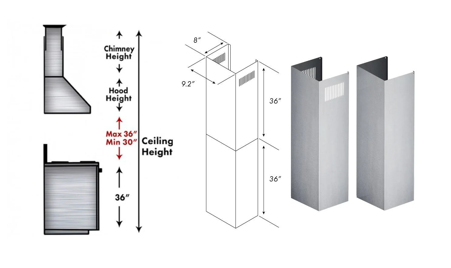 ZLINE 2-36 in. Chimney Extensions for 10 ft. to 12 ft. Ceilings (2PCEXT-KB/KL2/KL3-304) - Image 4