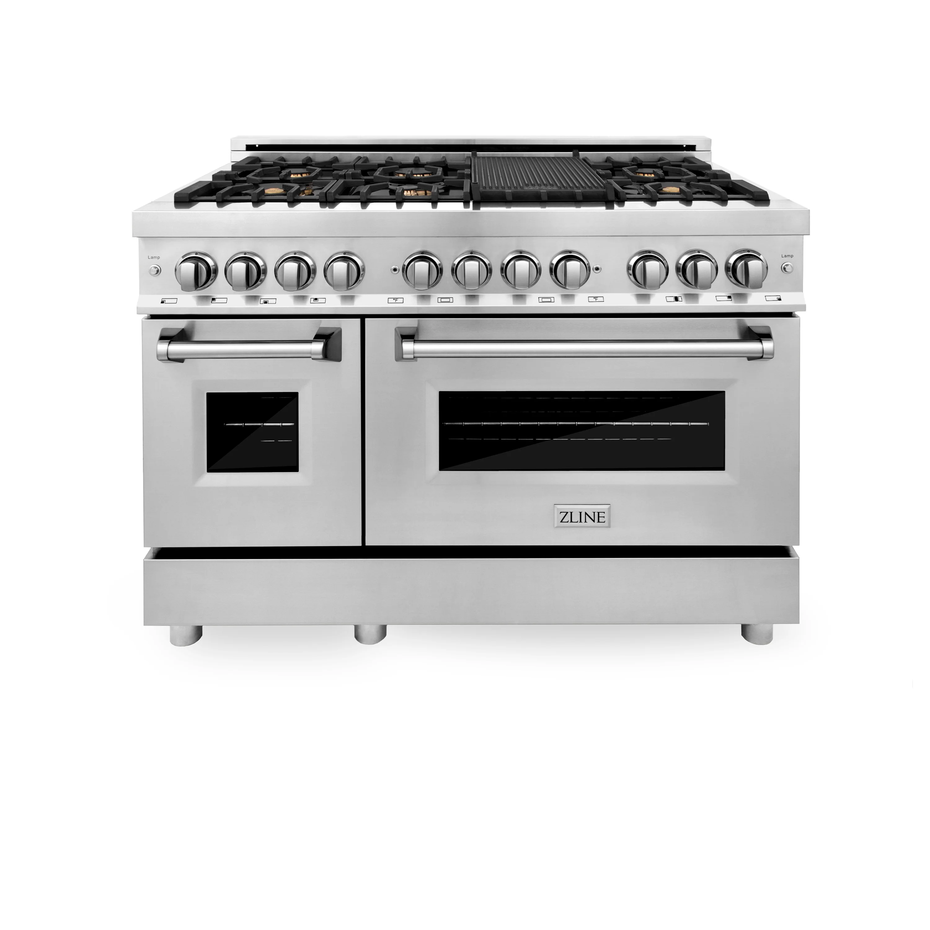 ZLINE 48 in. 6.0 cu. ft. Legacy Dual Fuel Range with Gas Cooktop and 2 Electric Ovens in Stainless Steel with 6 Brass Burners and Griddle (RA-BR-GR-48) - Image 2