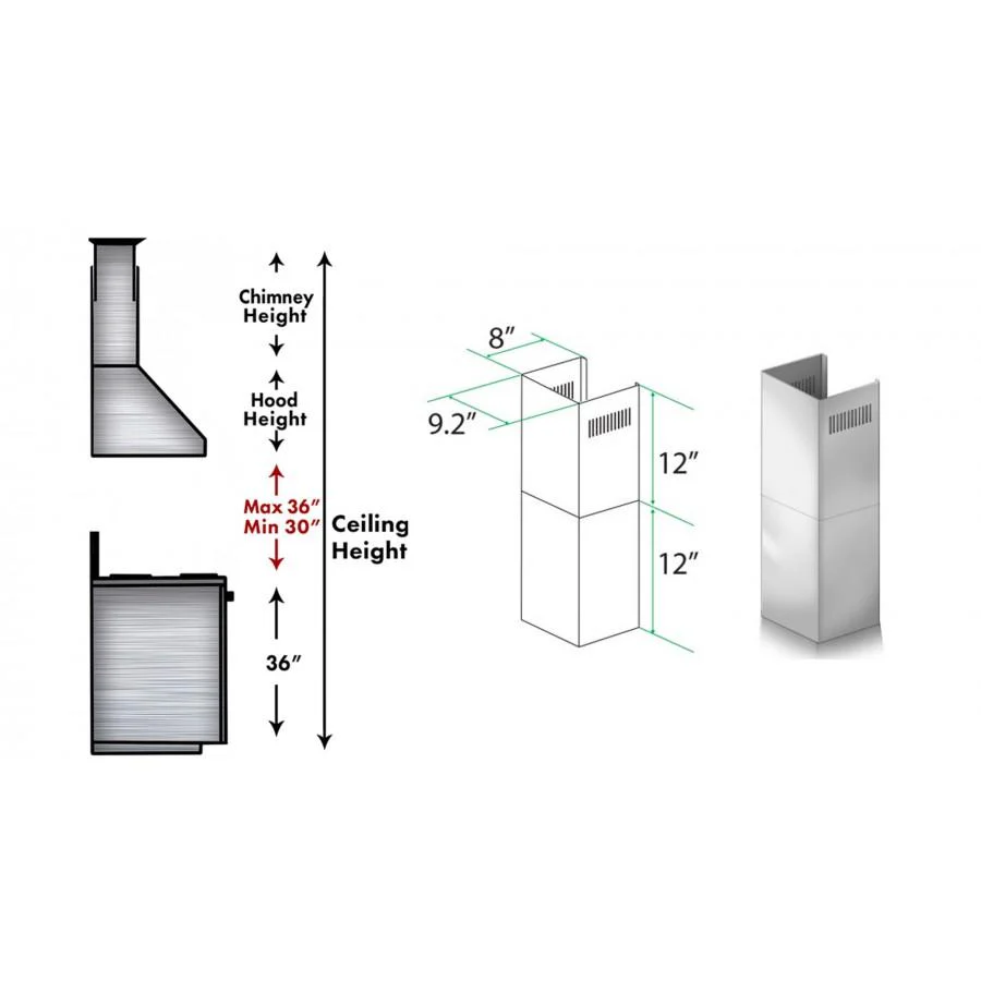 ZLINE 2-12 in. Short Chimney Pieces for 7.4 ft. to 8 ft. Ceilings (SK-KB/KL2/KL3-304) - Image 3