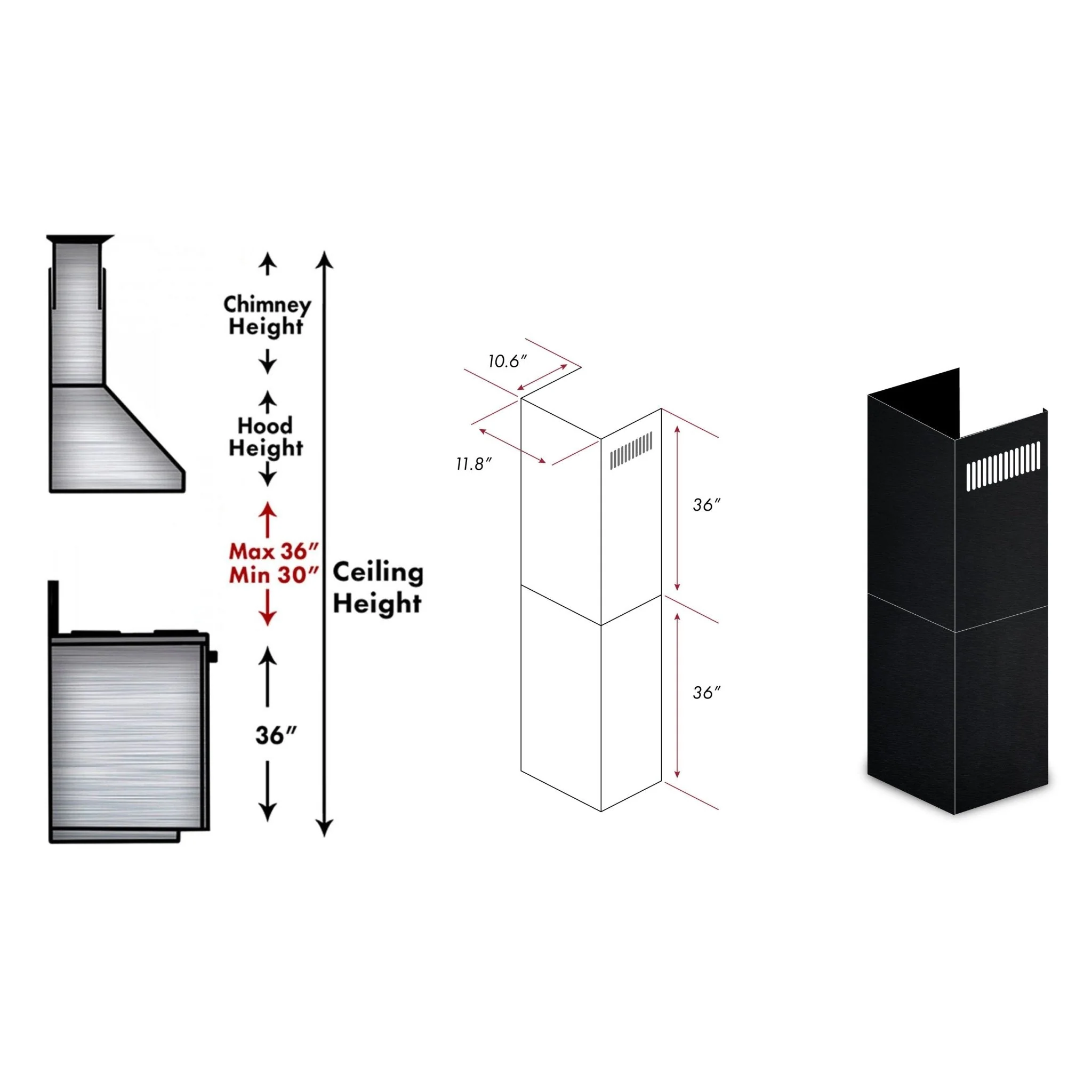 ZLINE 2-36 in. Chimney Extensions for 10 ft. to 12 ft. Ceilings (2PCEXT-BSKEN) - Image 2