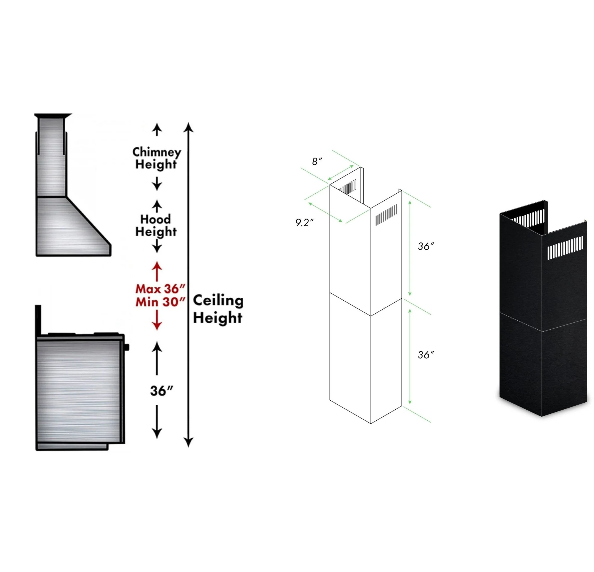 ZLINE 2-36 in. Chimney Extensions for 10 ft. to 12 ft. Ceilings in Black Stainless (2PCEXT-BSKBN) - Image 2