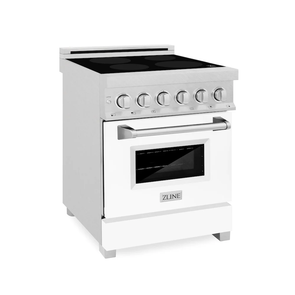 ZLINE 24 in. 2.8 cu. ft. Legacy Induction Range with 4 Element Cooktop and Electric Oven in Satin Stainless Steel and White Matte Door, Open Box-Great Condition