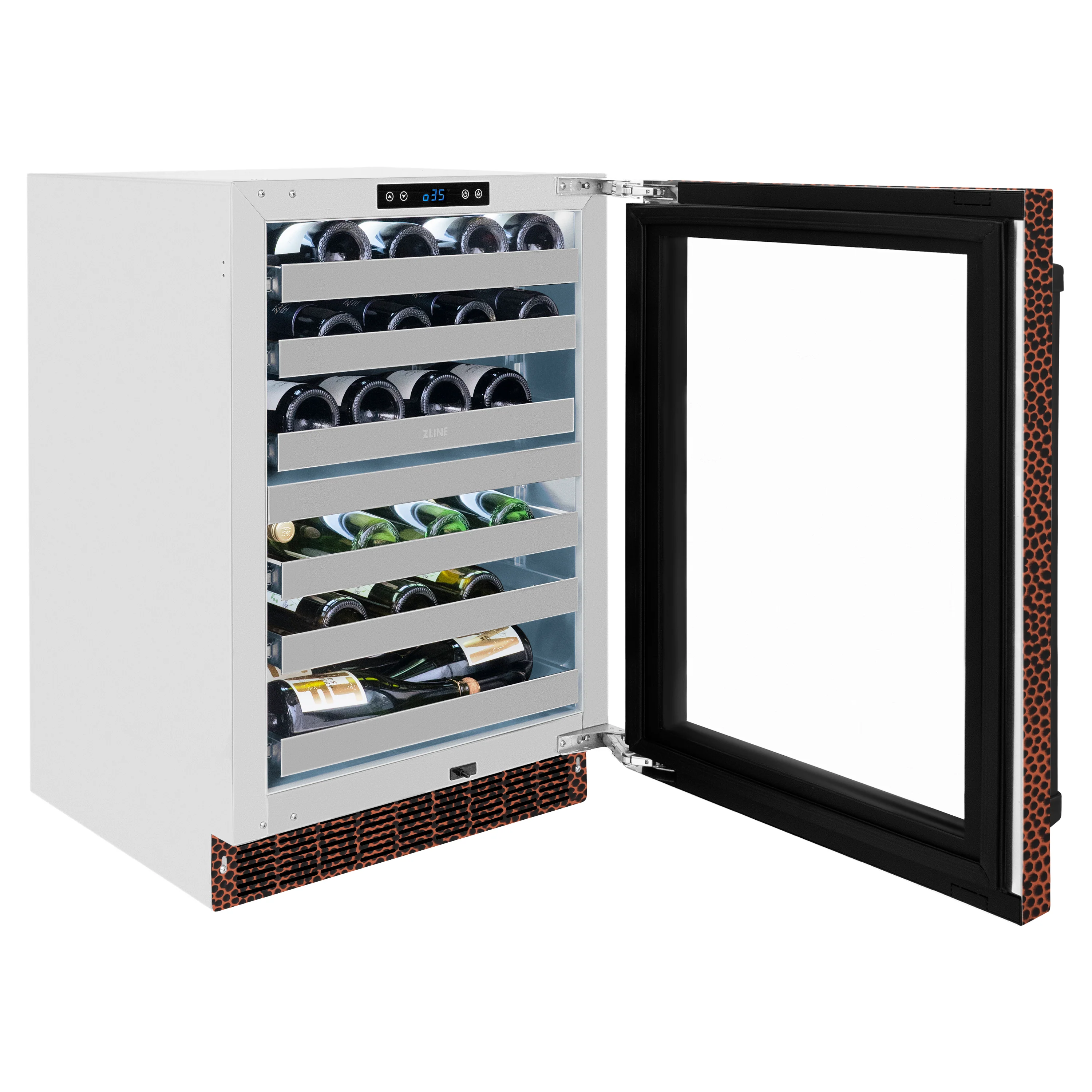 ZLINE 24 in. Touchstone Dual Zone 44 Bottle Wine Cooler with Hand Hammered Copper Glass Door (RWDO-HH-24) - Image 5