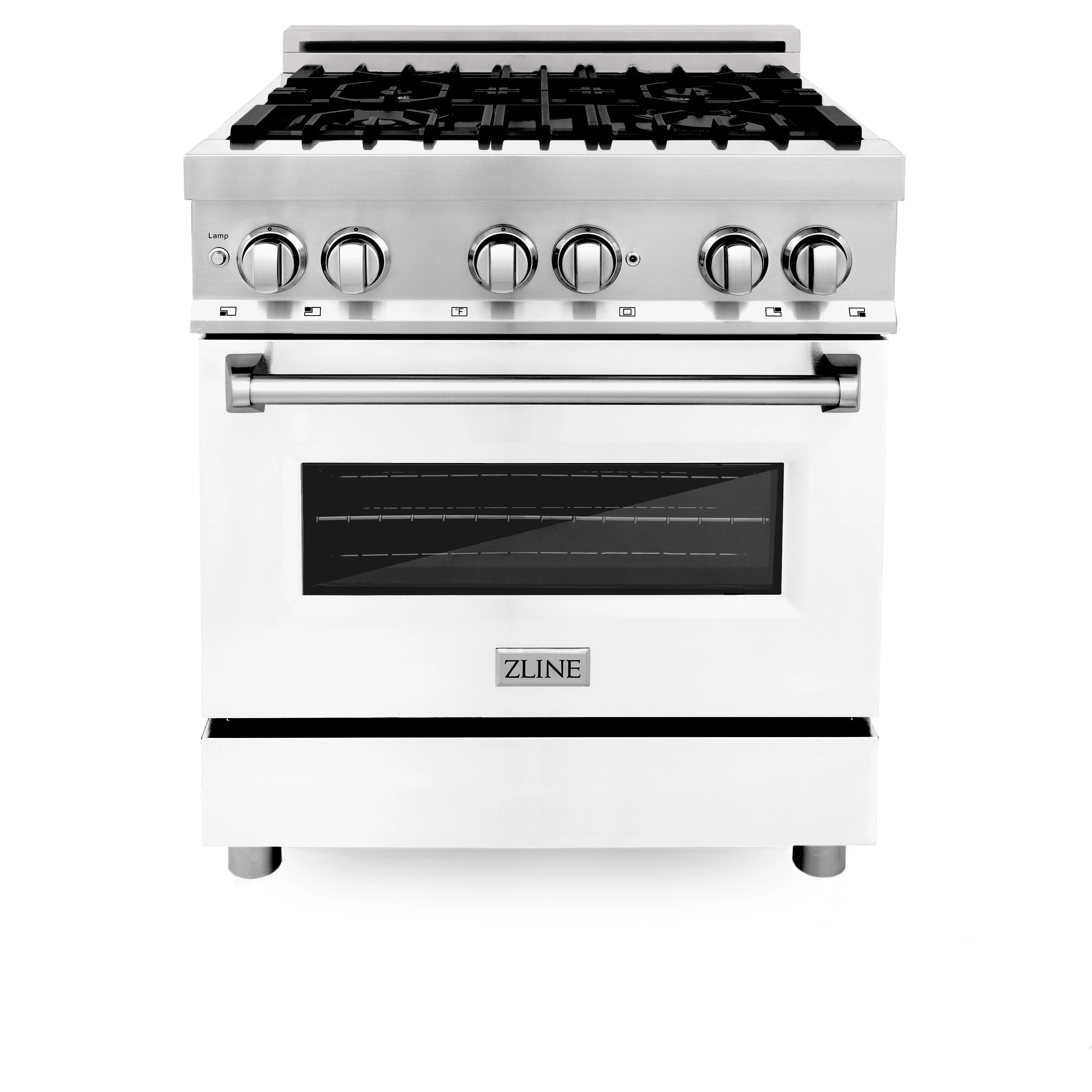 ZLINE 30 in. 4.0 cu. ft. Legacy Dual Fuel Range with 4 Burner Gas Cooktop and Electric Convection Oven in Stainless Steel with Griddle and White Matte Door (RA-WM-GR-30) - Image 2