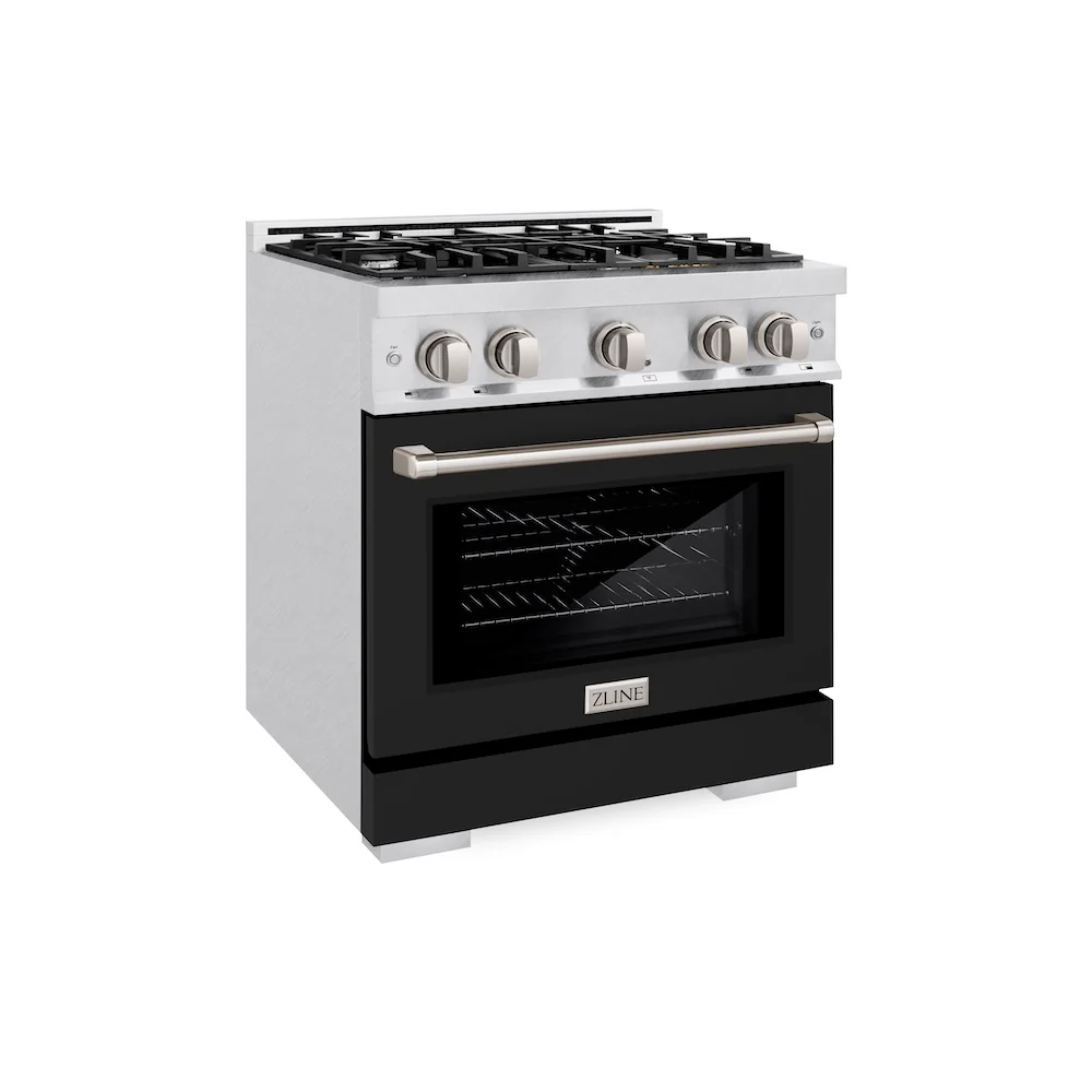 ZLINE 30 in. 4.2 cu. ft. Select Gas Range with 4 Burner Cooktop and Convection Gas Oven in Satin Stainless Steel with Black Matte Door, Open Box-Great Condition