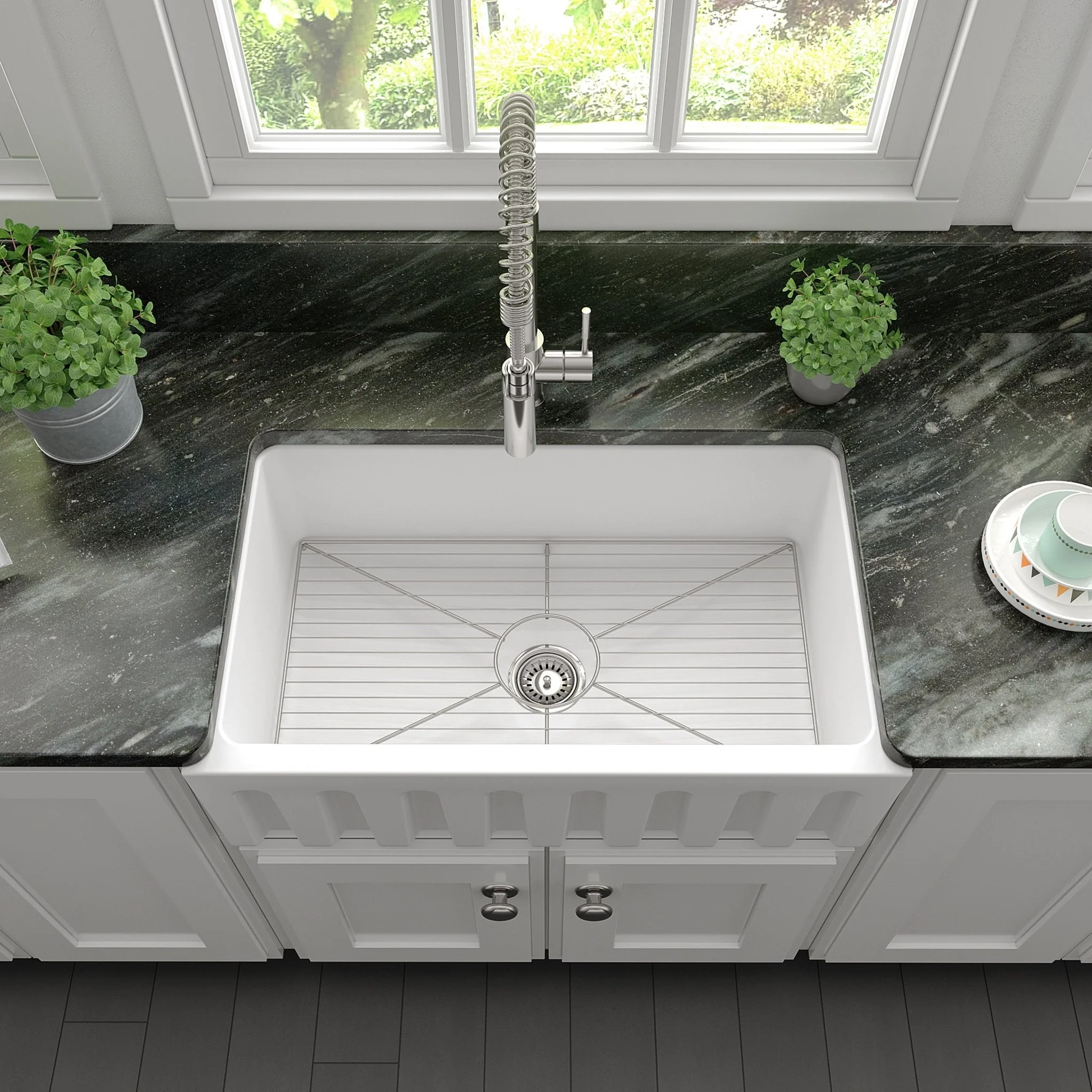 ZLINE 30 in. Venice Farmhouse Apron Front Reversible Single Bowl Fireclay Kitchen Sink with Bottom Grid in White Gloss (FRC5119-WH-30) - Image 14