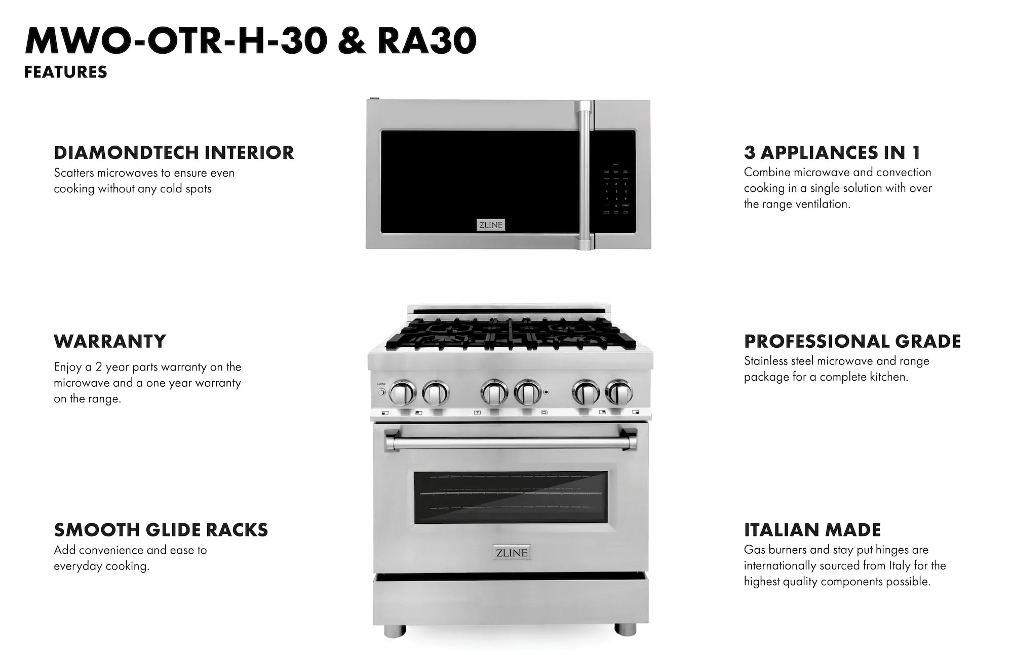 ZLINE 30 in. Kitchen Package Stainless Steel Dual Fuel Range and Over The Range Microwave with Traditional Handle (2KP-RAOTRH30) - Image 3