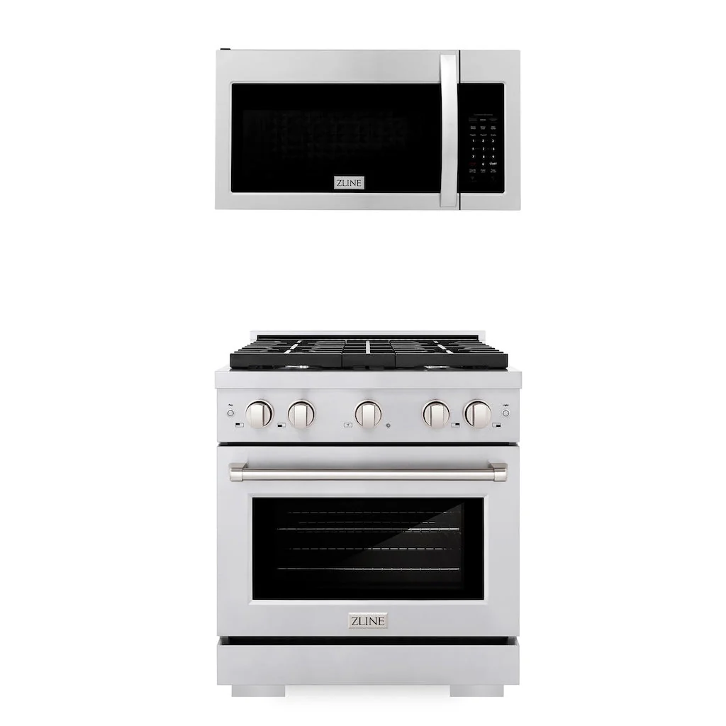 ZLINE 30 in. Kitchen Package Stainless Steel Gas Range and Over The Range Microwave with Modern Handle