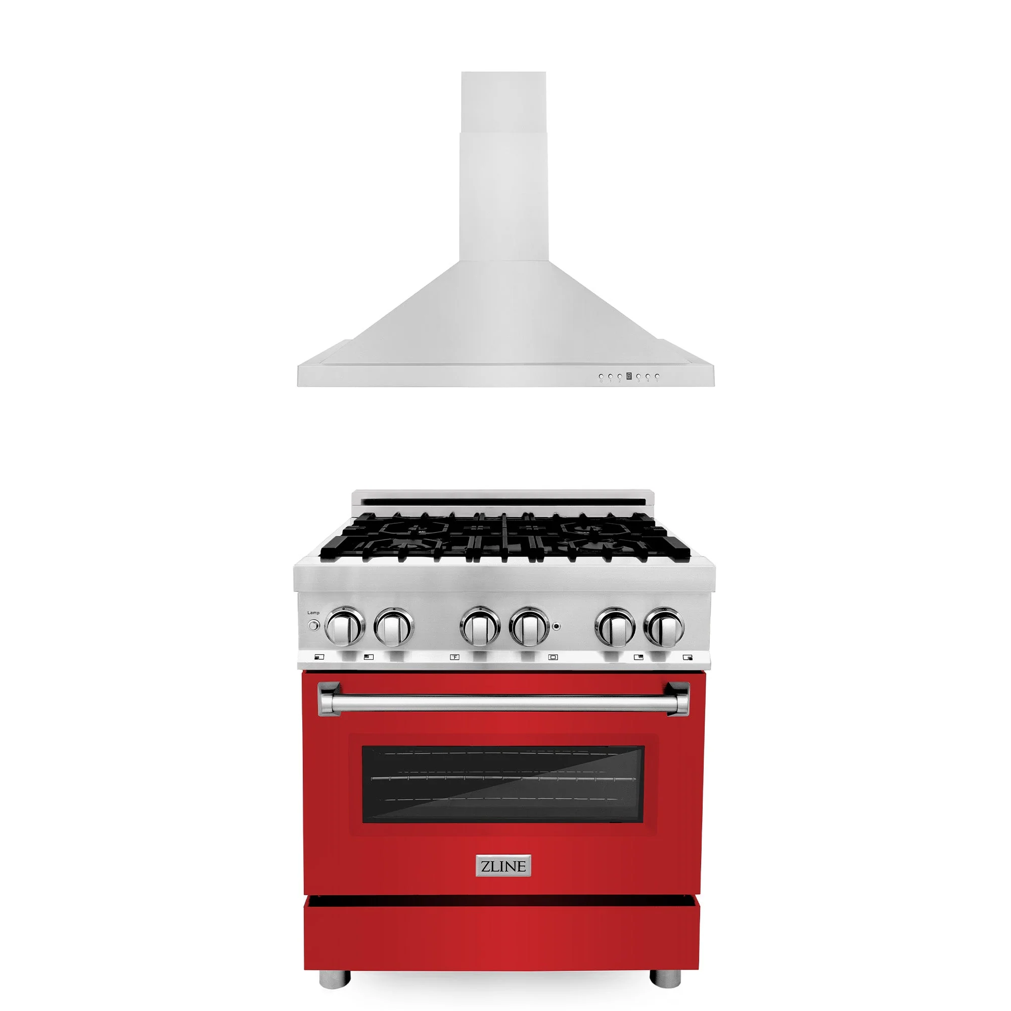 ZLINE 30 in. Kitchen Package with ZLINE Satin Stainless Steel Dual Fuel Range with Red Matte Door and Convertible Vent Range Hood (2KP-RARMRH30) - Image 2