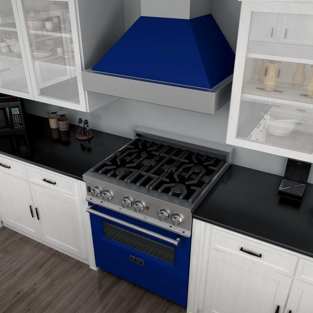 ZLINE 30 in. 4.0 cu. ft. Legacy Dual Fuel Range with 4 Burner Gas Cooktop and Electric Convection Oven in Satin Stainless Steel and Blue Gloss Door (RAS-BG-30) - Image 10