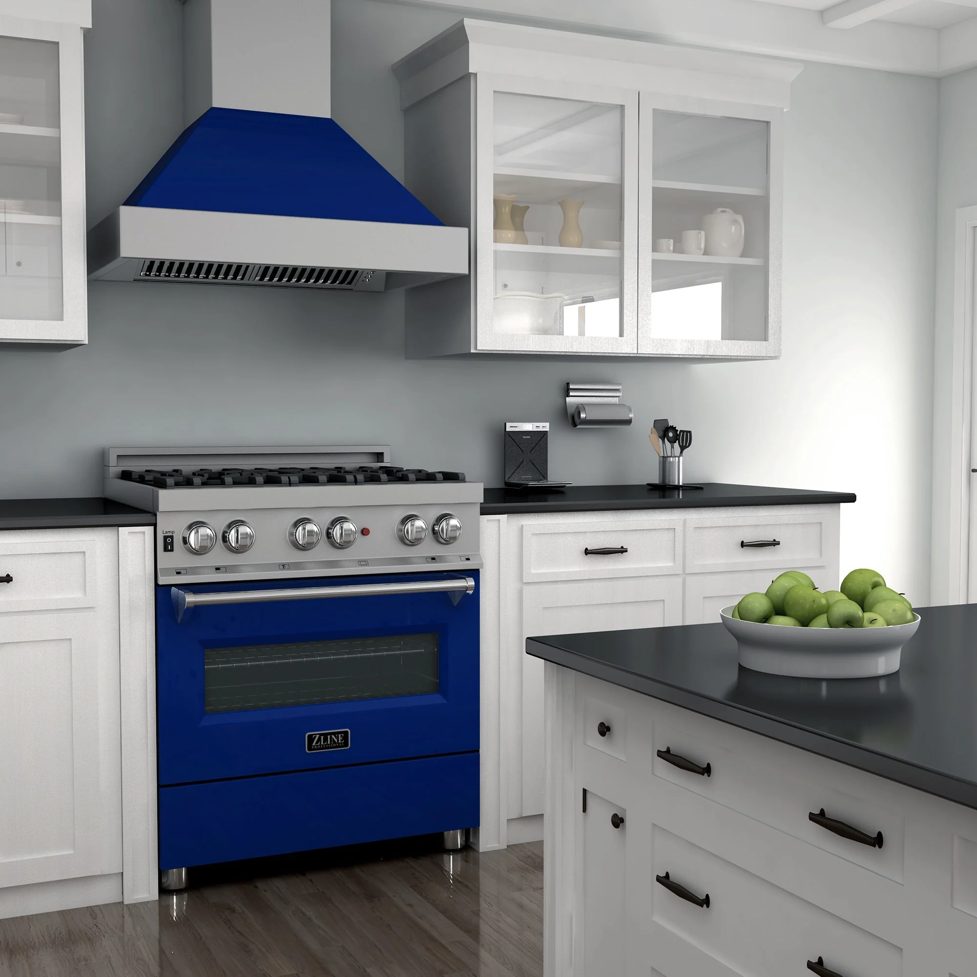 ZLINE 30 in. 4.0 cu. ft. Legacy Dual Fuel Range with 4 Burner Gas Cooktop and Electric Convection Oven in Satin Stainless Steel and Blue Gloss Door (RAS-BG-30) - Image 2