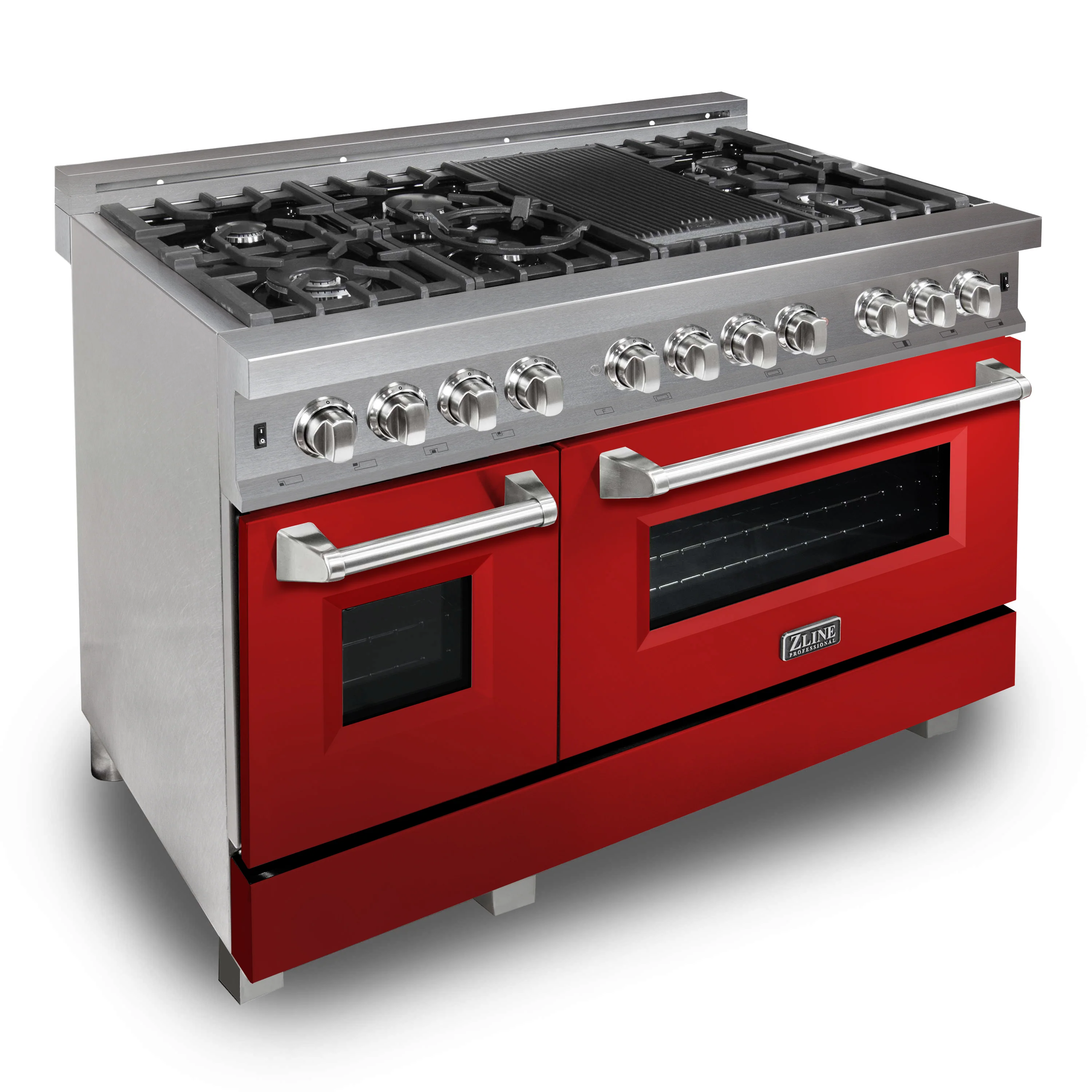 ZLINE 30 in. 4.0 cu. ft. Legacy Dual Fuel Range with 4 Burner Gas Cooktop and Electric Convection Oven in Satin Stainless Steel and Red Matte Door (RAS-RM-30)