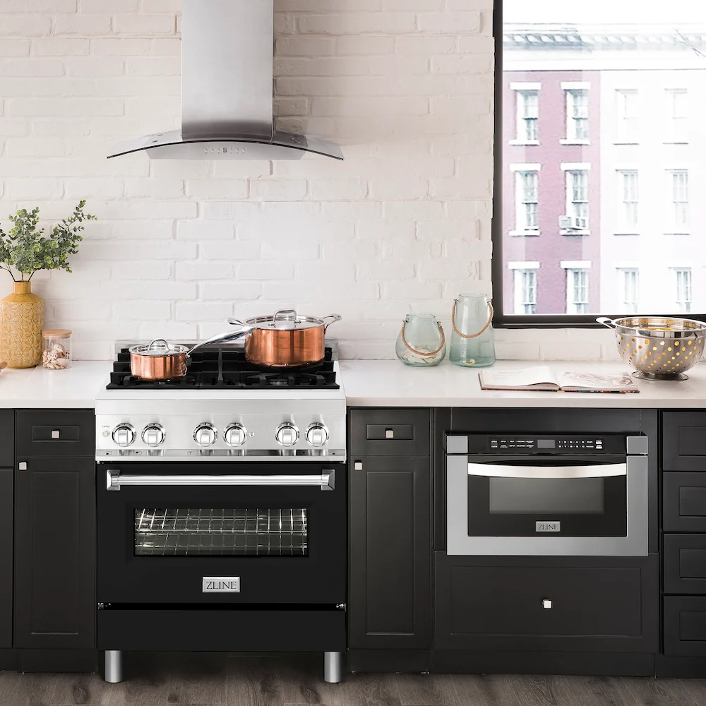 ZLINE 30 in. 4.0 cu. ft. Legacy Dual Fuel Range with 4 Burner Gas Cooktop and Electric Convection Oven in Stainless Steel and Black Matte Door (RA-BLM-30) - Image 2