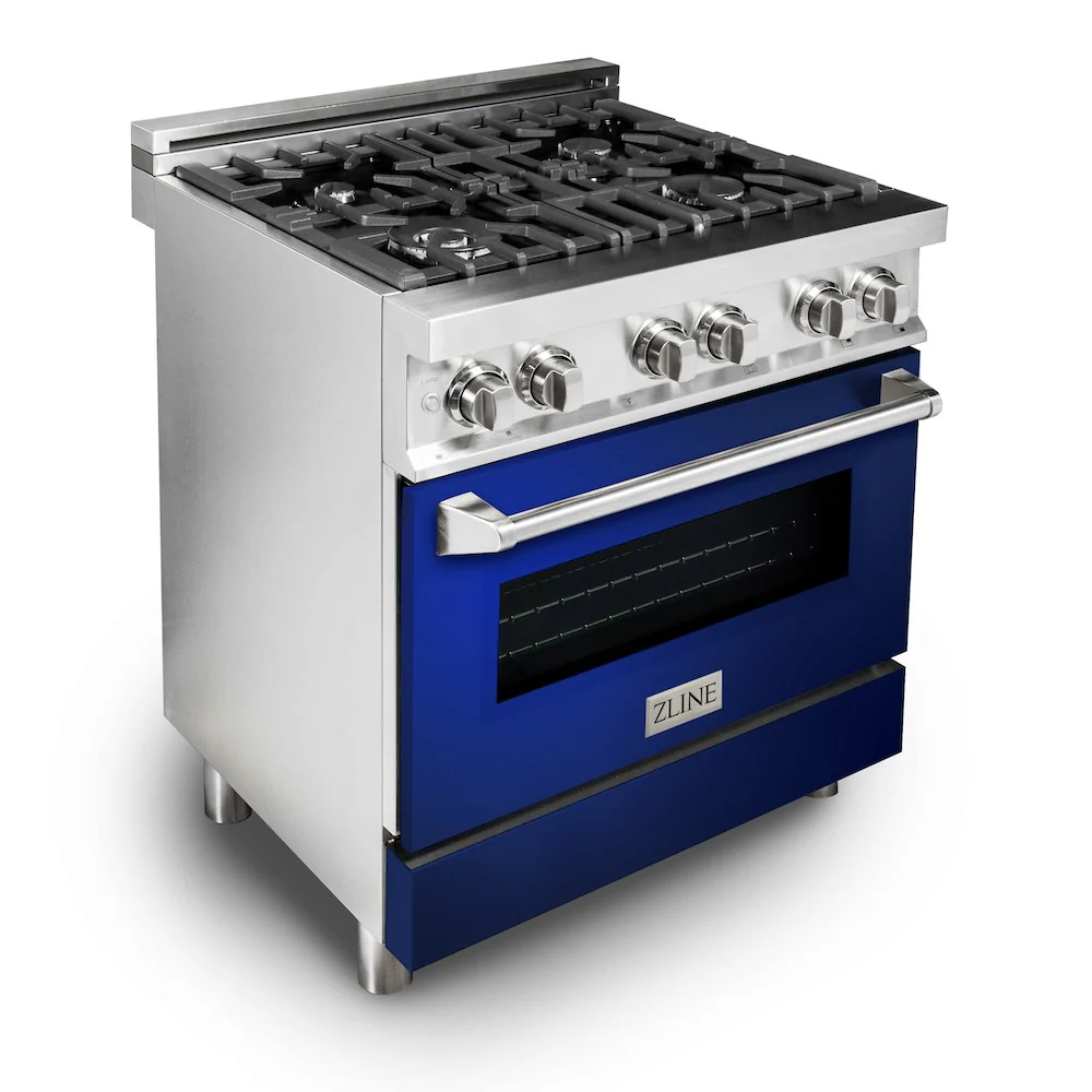 ZLINE 30 in. 4.0 cu. ft. Legacy Dual Fuel Range with 4 Burner Gas Cooktop and Electric Convection Oven in Stainless Steel and Blue Gloss Door (RA-BG-30) - Image 3