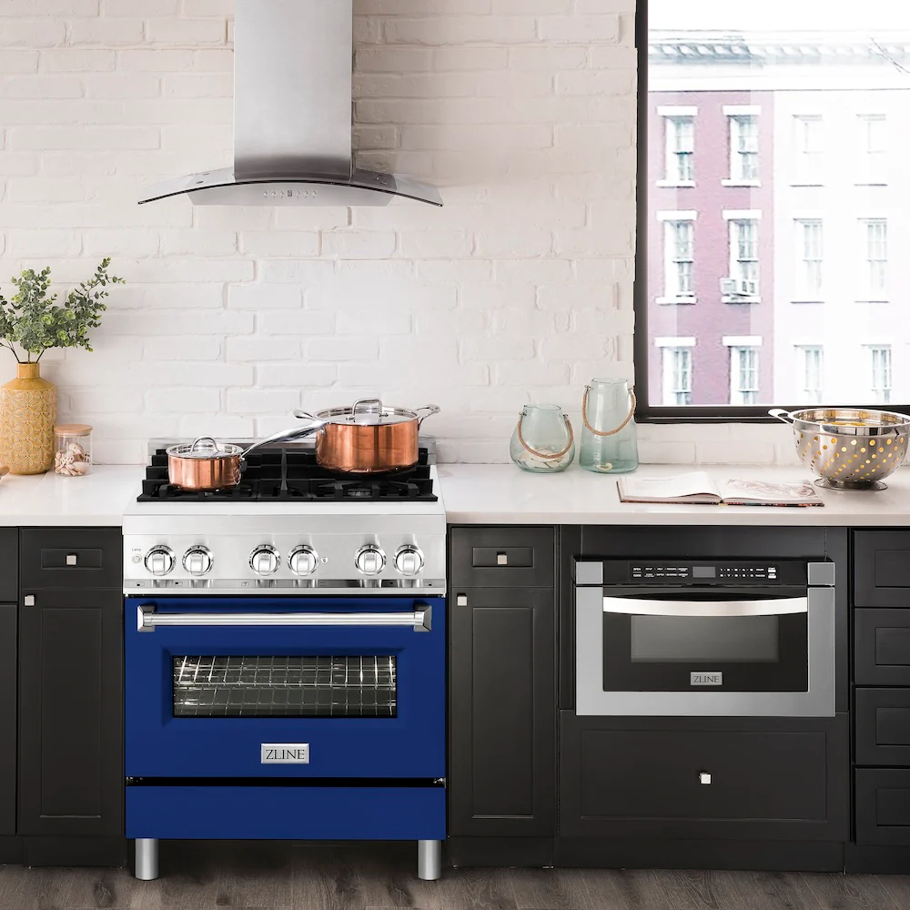 ZLINE 30 in. 4.0 cu. ft. Legacy Dual Fuel Range with 4 Burner Gas Cooktop and Electric Convection Oven in Stainless Steel and Blue Matte Door (RA-BM-30) - Image 2
