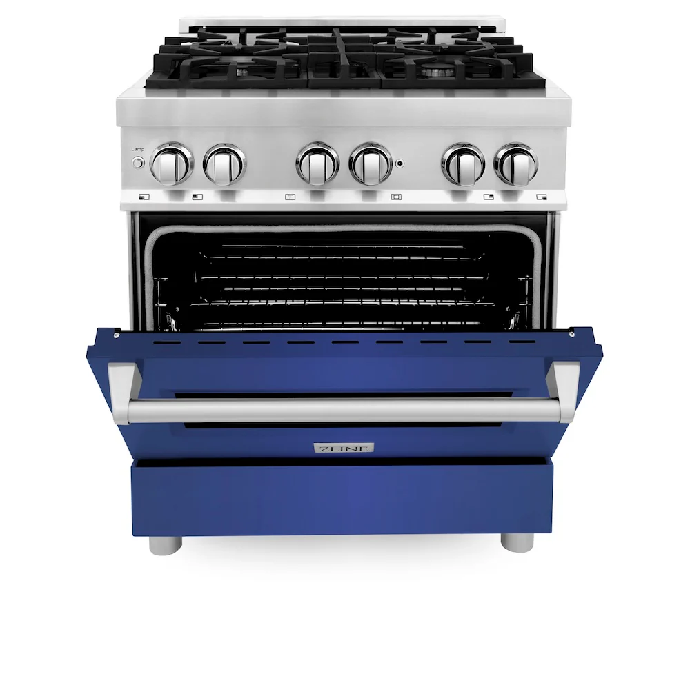 ZLINE 30 in. 4.0 cu. ft. Legacy Dual Fuel Range with 4 Burner Gas Cooktop and Electric Convection Oven in Stainless Steel and Blue Matte Door (RA-BM-30) - Image 4
