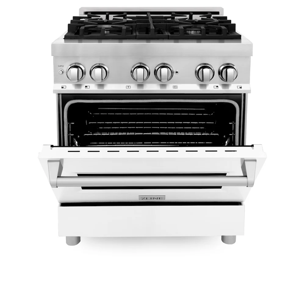 ZLINE 30 in. 4.0 cu. ft. Legacy Dual Fuel Range with 4 Burner Gas Cooktop and Electric Convection Oven in Stainless Steel and White Matte Door (RA-WM-30) - Image 3