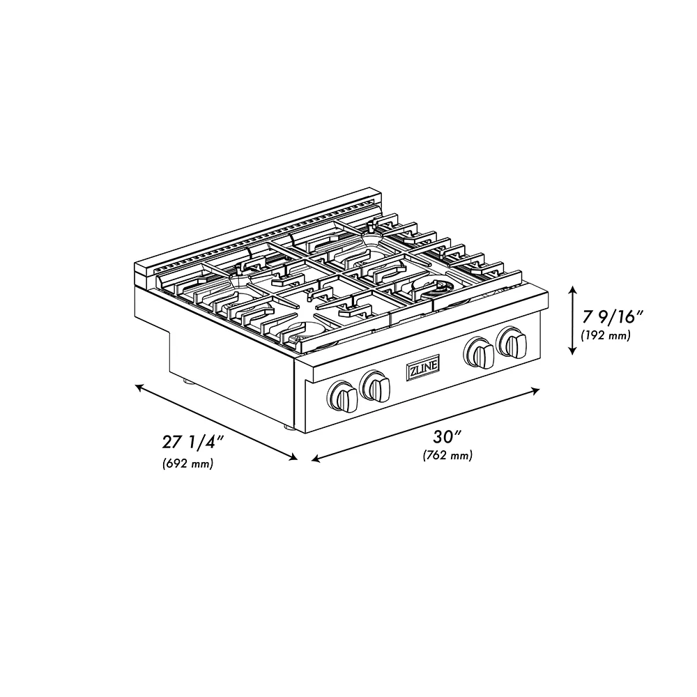 ZLINE 30 in. Paramount Gas Rangetop with 4 Burners and Porcelain Cooktop in Black Satin Stainless Steel (SRTBS-30) - Image 10