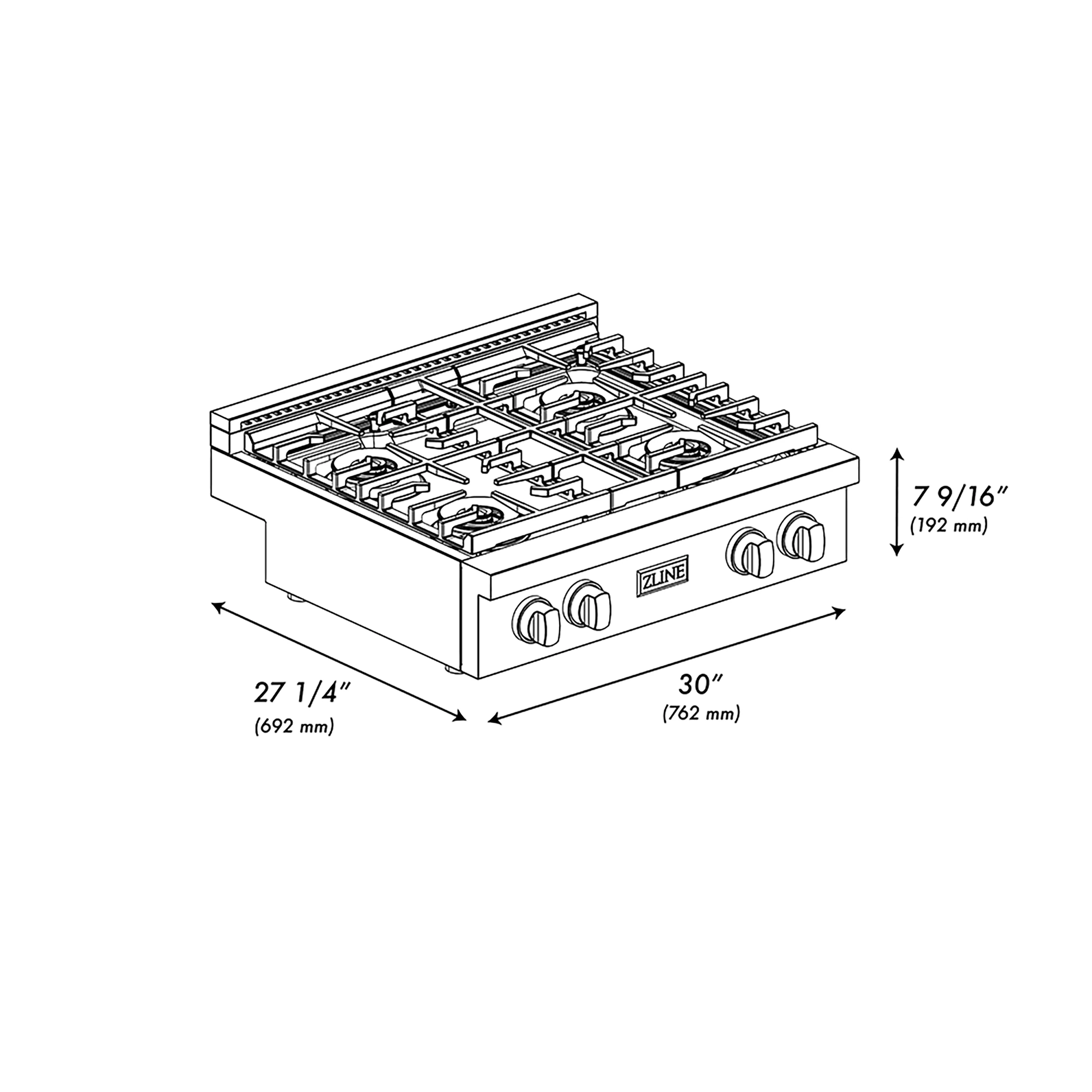ZLINE 30 in. Paramount Gas Rangetop with 4 Burner DuoPro™ Cooktop in Satin Stainless Steel (PSRTS-30) - Image 8