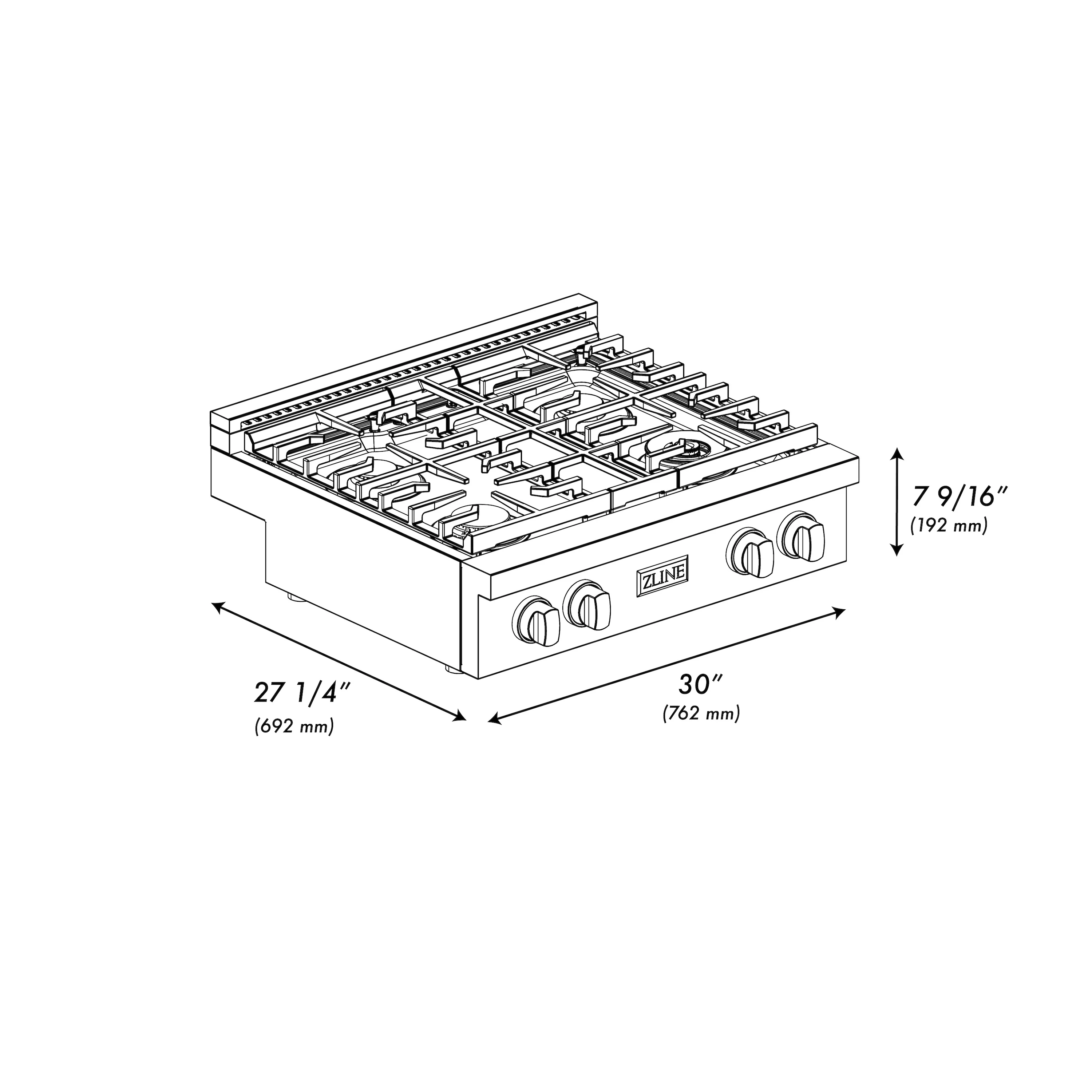 ZLINE 30 in. Paramount Gas Rangetop with 4 Burners and Porcelain Cooktop in Satin Stainless Steel (SRTS-30) - Image 8