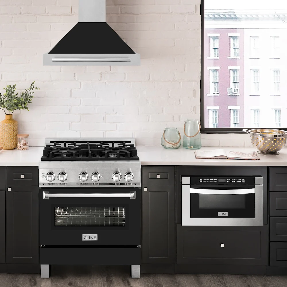 ZLINE 30 in. Convertible Fingerprint Resistant Satin Stainless Steel Range Hood with Black Matte Shell and Stainless Steel Handle (KB4SNX-BLM-30) - Image 2
