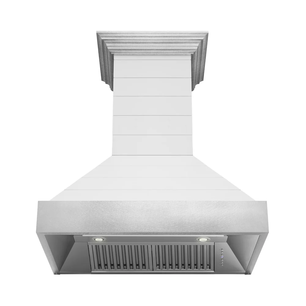 ZLINE 30 in. Wooden Wall Mount Range Hood in Rustic Shiplap Bright White Finish with Stainless Steel Accents (365WW-30) - Image 4