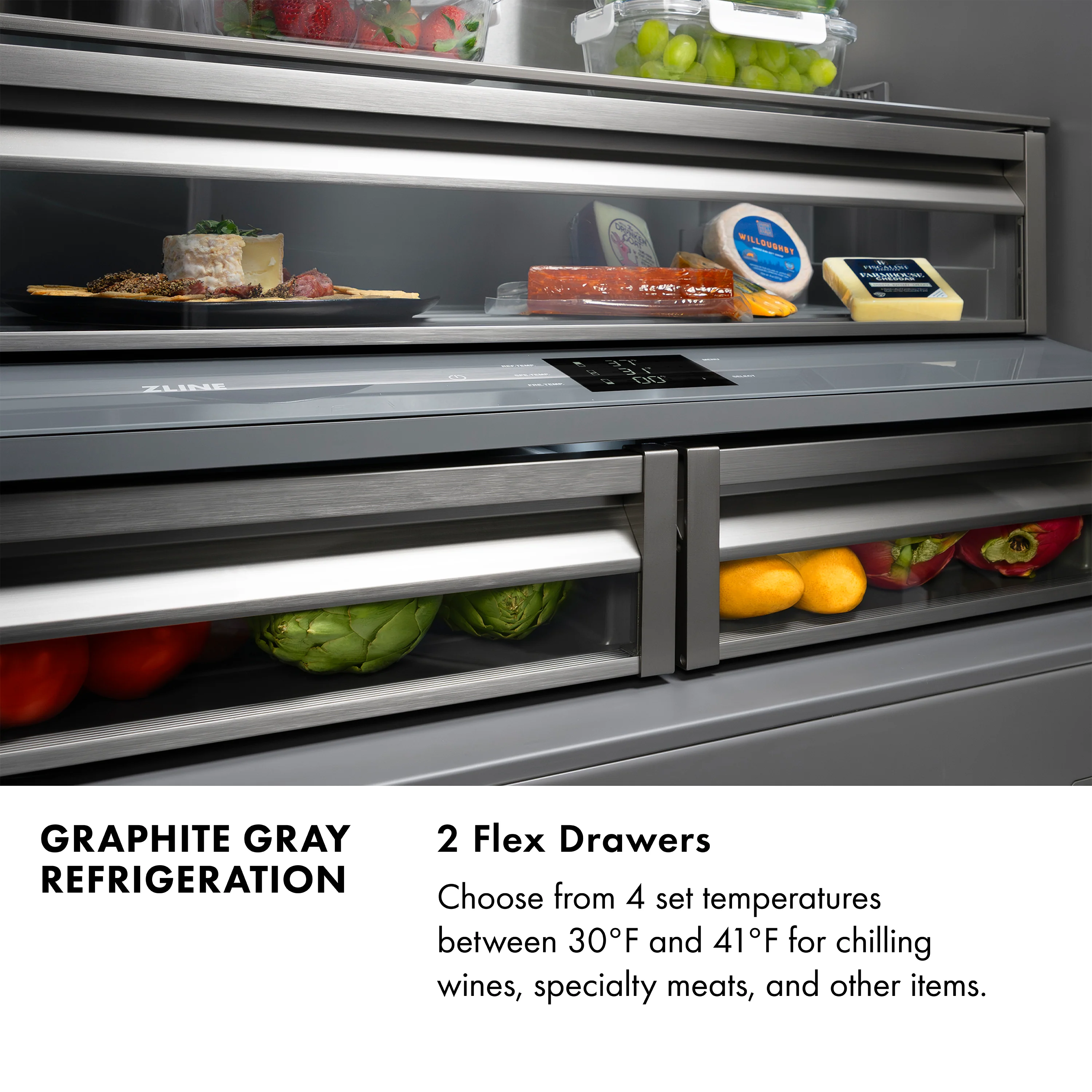 ZLINE 36 in. 19.6 cu. ft. French Door Built-In Bottom Freezer Refrigerator with Water Dispenser and Ice Maker in Satin Stainless Steel with Graphite Gray Interior (GRBIV-SN-36) - Image 17