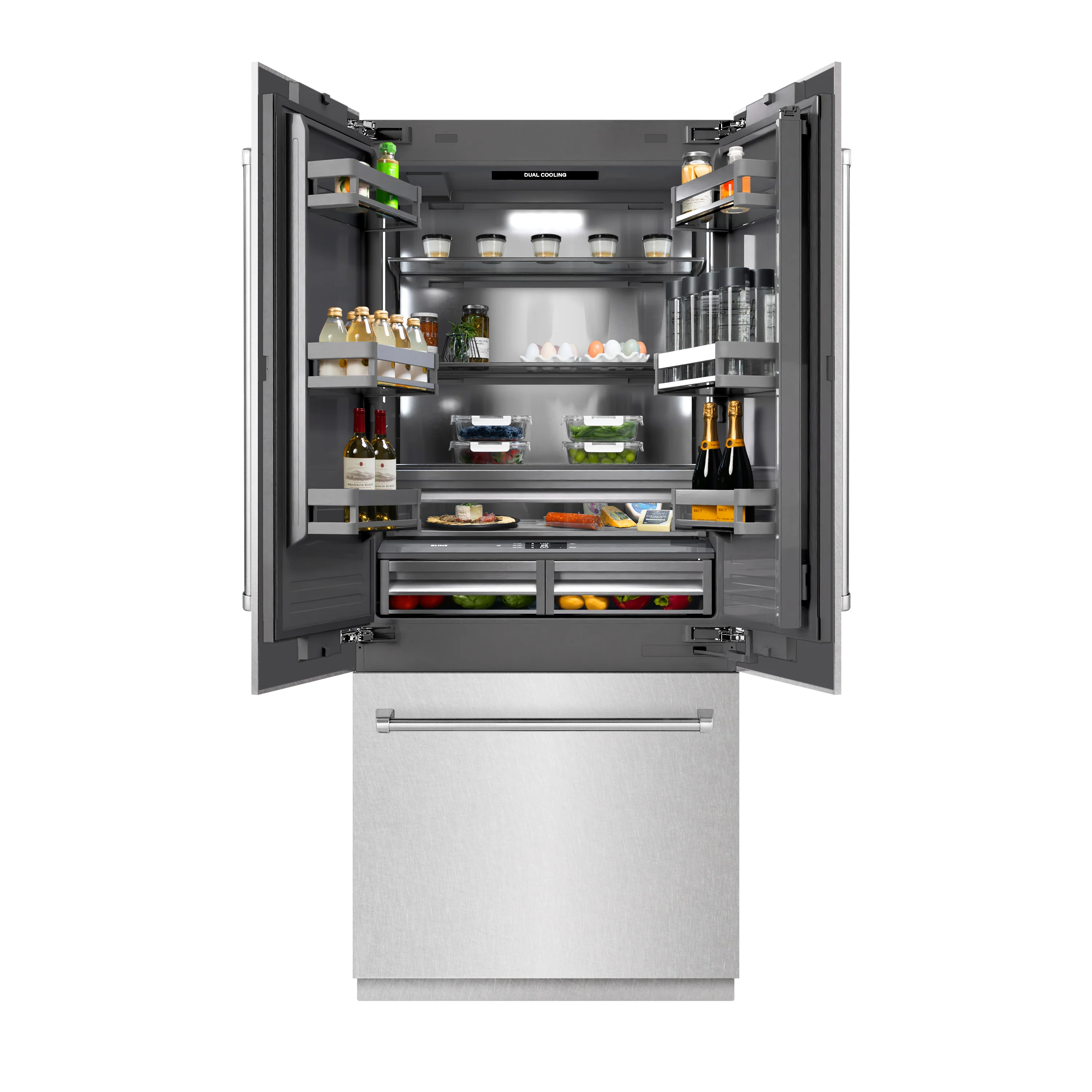 ZLINE 36 in. 19.6 cu. ft. French Door Built-In Bottom Freezer Refrigerator with Water Dispenser and Ice Maker in Satin Stainless Steel with Graphite Gray Interior (GRBIV-SN-36) - Image 4