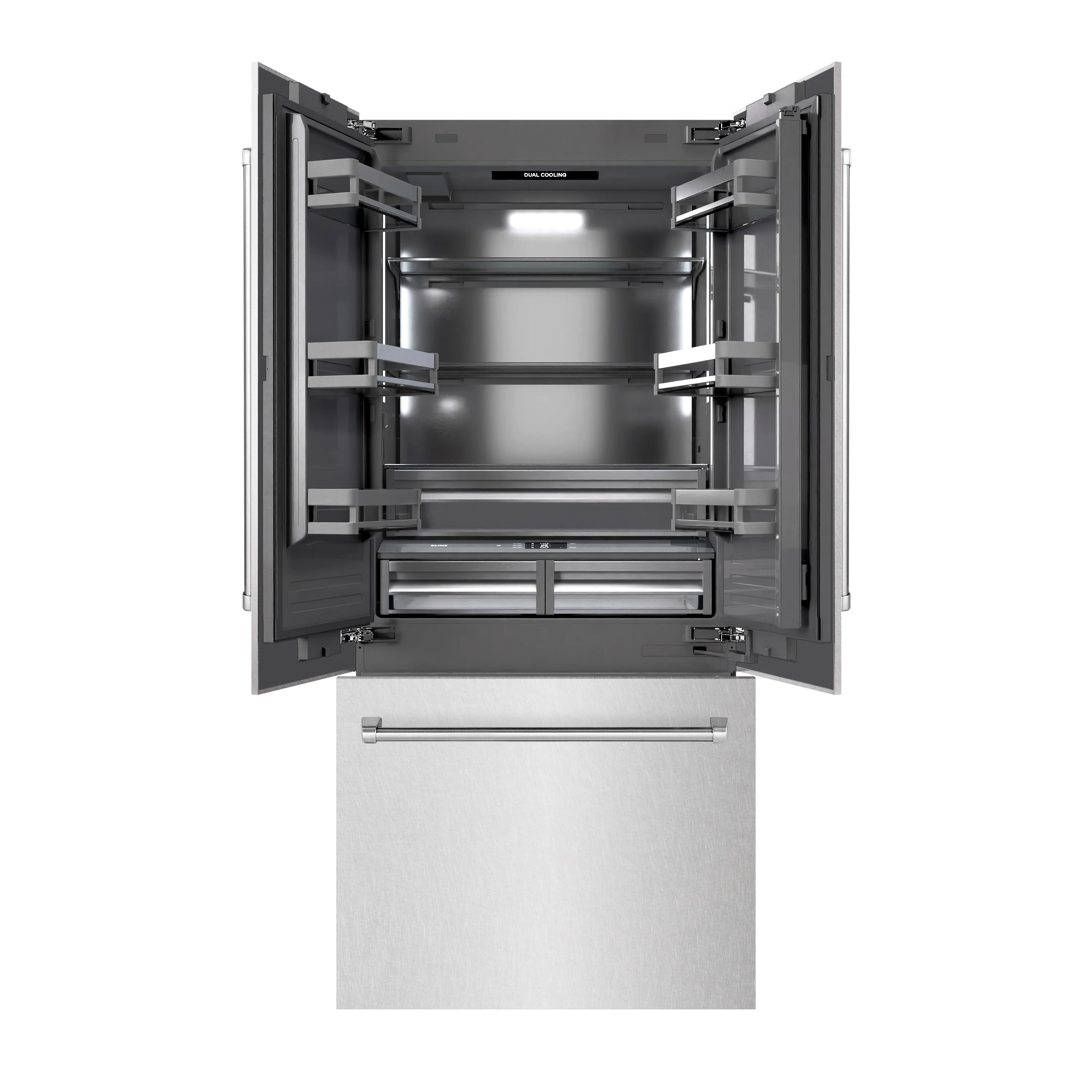 ZLINE 36 in. 19.6 cu. ft. French Door Built-In Bottom Freezer Refrigerator with Water Dispenser and Ice Maker in Satin Stainless Steel with Graphite Gray Interior (GRBIV-SN-36) - Image 5