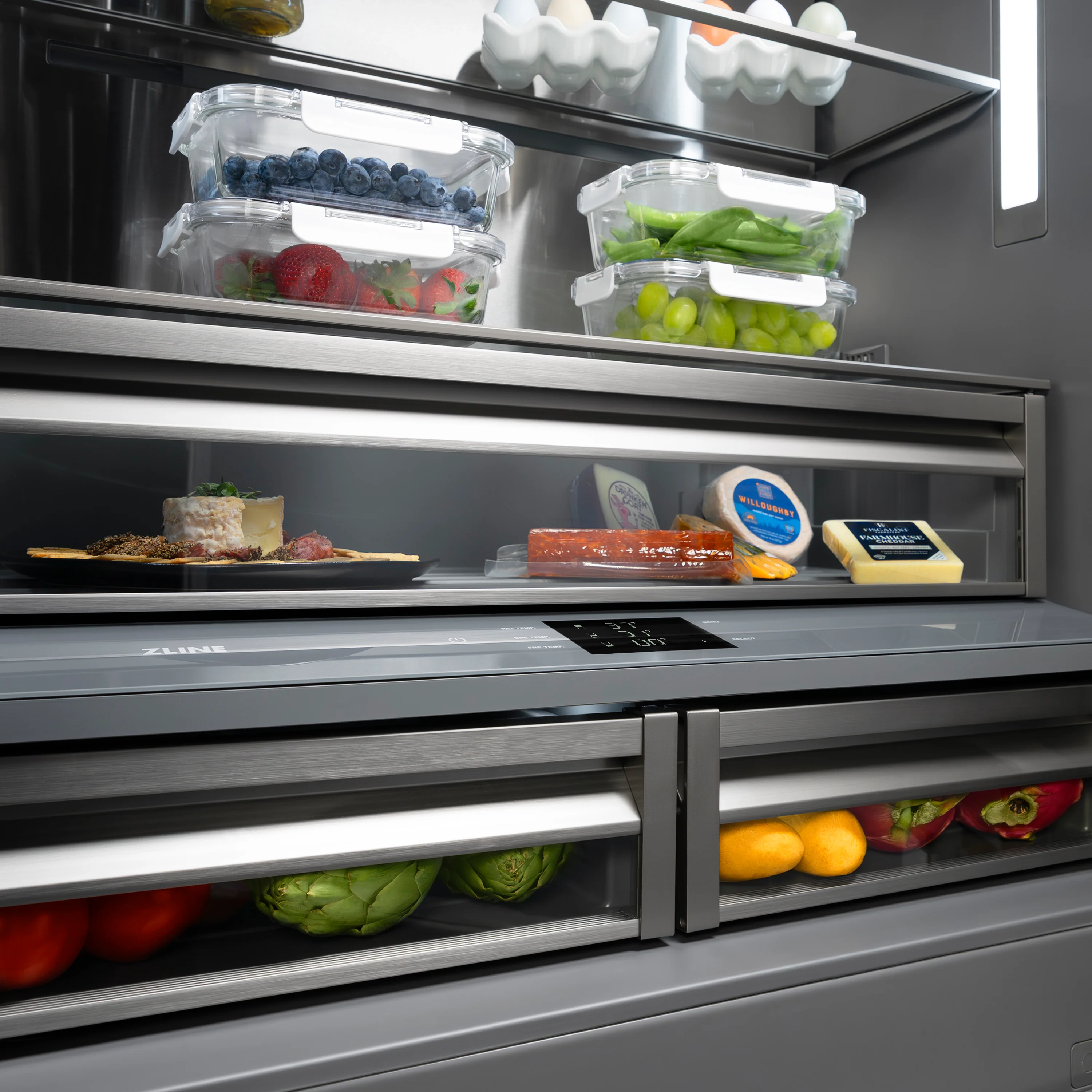 ZLINE 36 in. 19.6 cu. ft. French Door Built-In Bottom Freezer Refrigerator with Water Dispenser and Ice Maker in Stainless Steel with Graphite Gray Interior (GRBIV-304-36) - Image 9