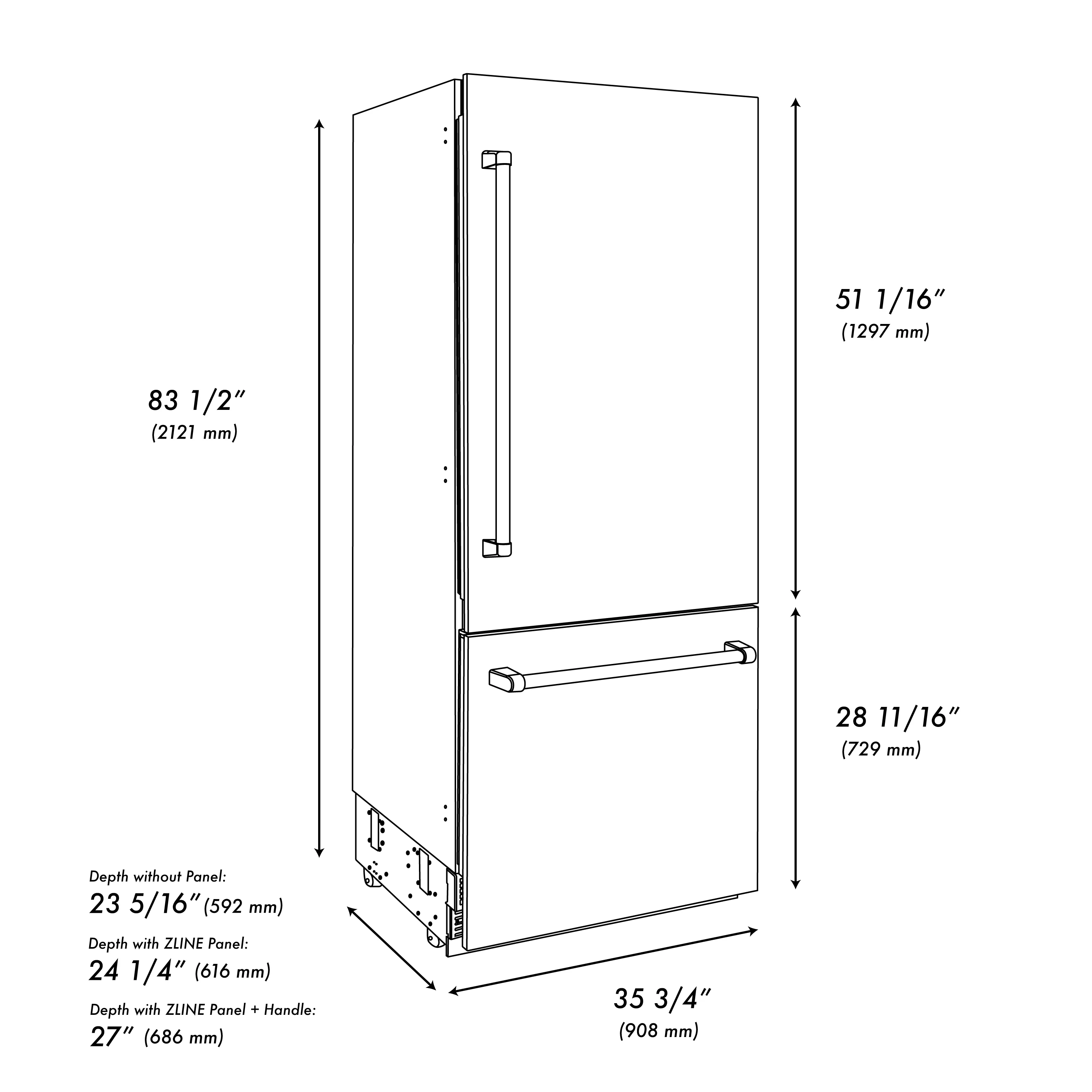 ZLINE 36 in. 19.8 cu. ft. Built-In Bottom Freezer Refrigerator with Water Dispenser and Ice Maker in White Matte (RBIT-WM-36) - Image 12