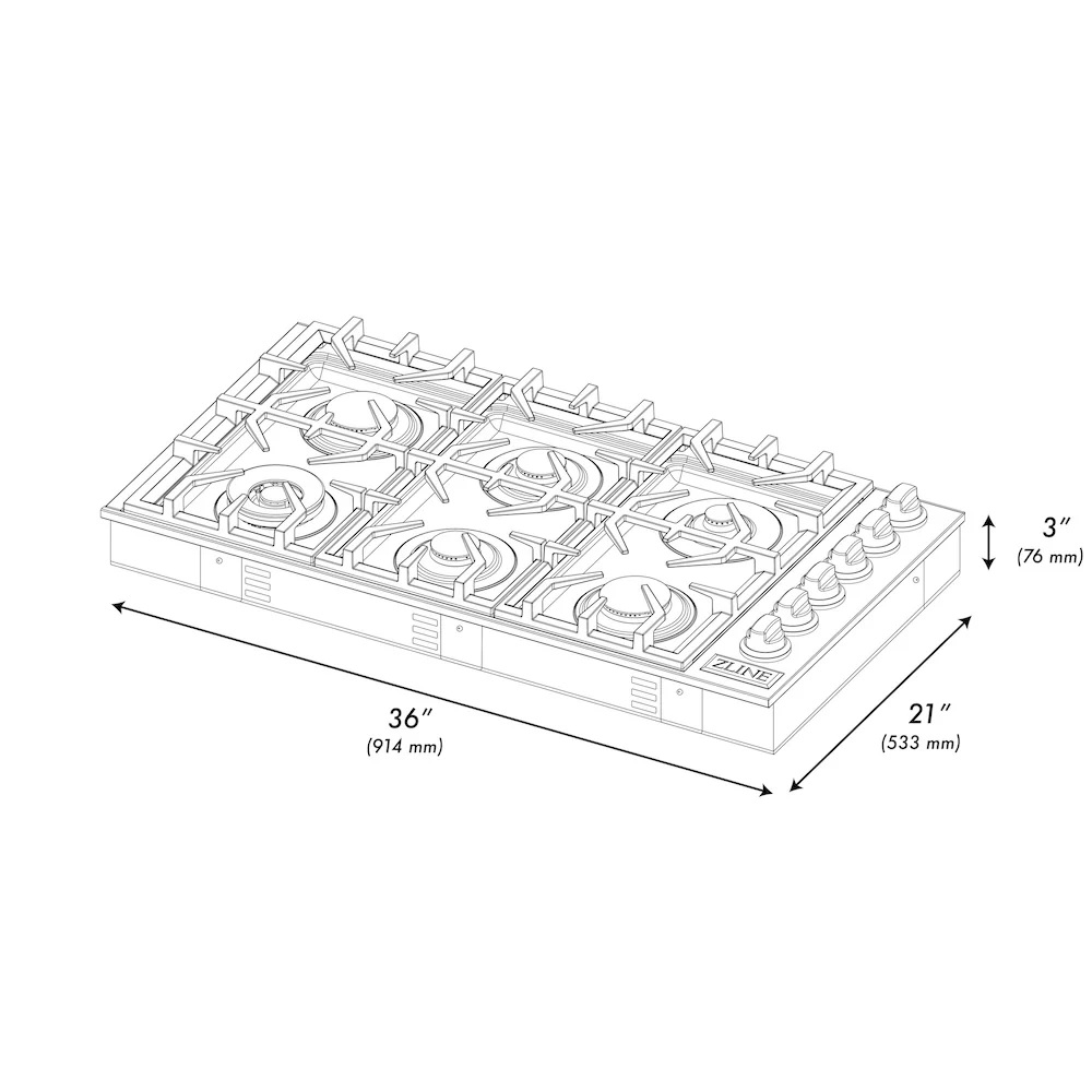 ZLINE 36 in. Gas Cooktop with 6 Brass Burners and Black Porcelain Top (RC-BR-36-PBT) - Image 9