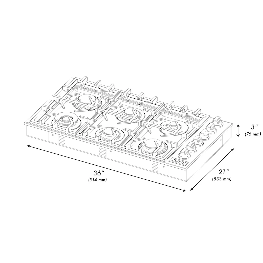 ZLINE 36" Gas Cooktop with 6 Gas Burners and Black Porcelain Top (RC36-PBT) - Image 10