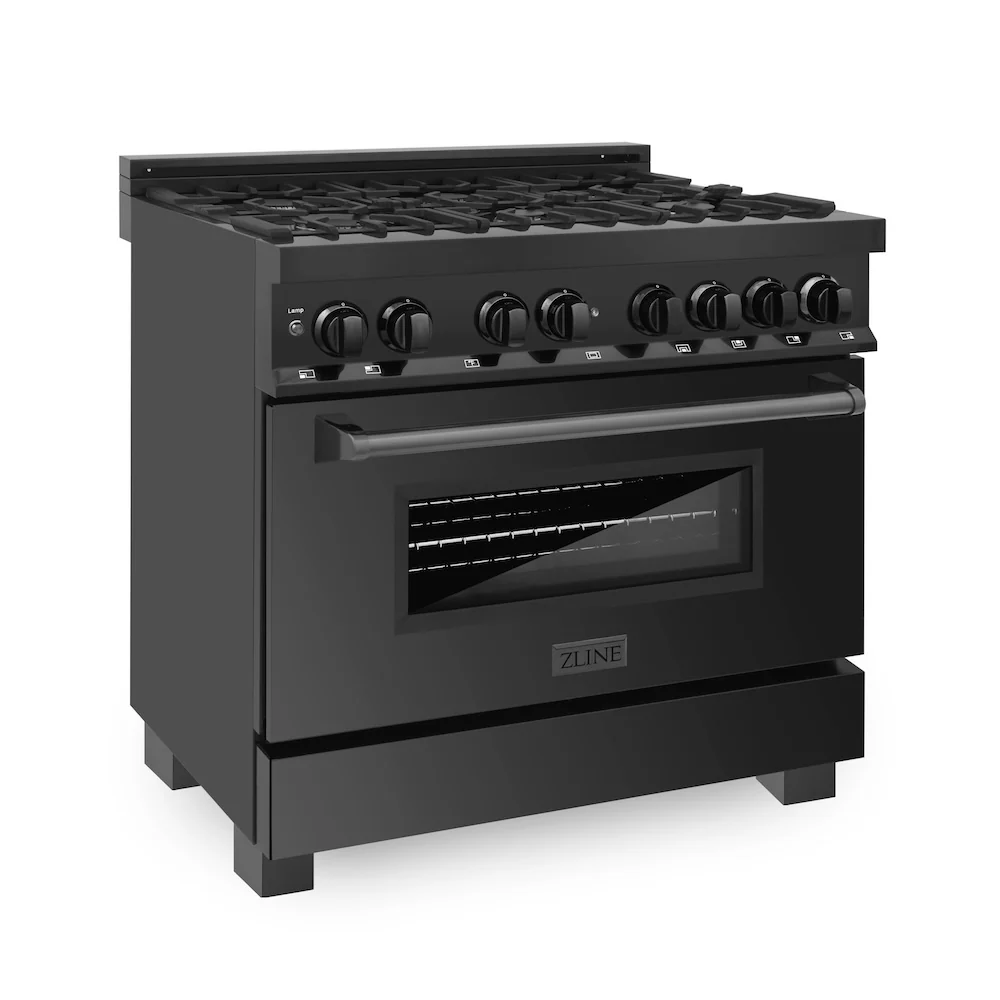 ZLINE 36 in. 4.6 cu. ft. Legacy Dual Fuel Range with 6 Burner Gas Cooktop and Electric Convection Oven in Black Stainless Steel, Open Box-Great Condition