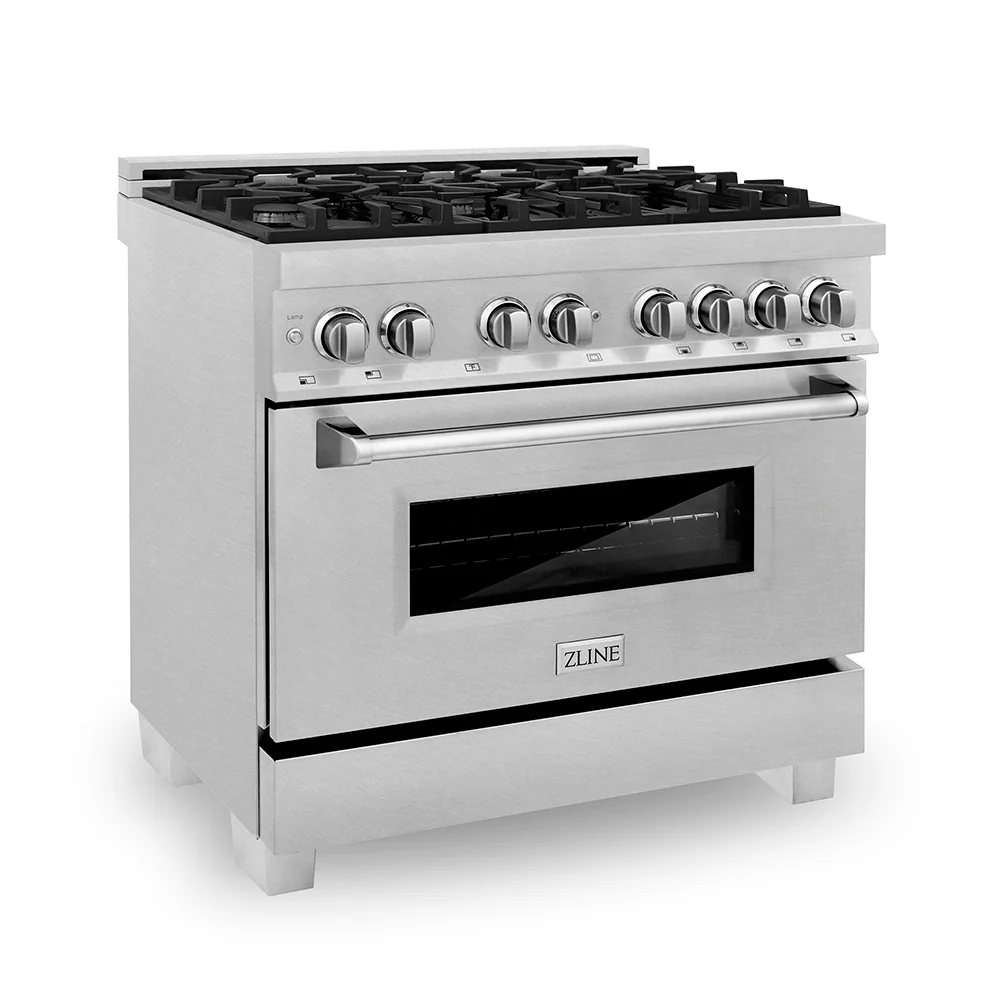 ZLINE 36 in. 4.6 cu. ft. Legacy Dual Fuel Range with 6 Burner Gas Cooktop and Electric Convection Oven in Satin Stainless Steel, Open Box-Great Condition