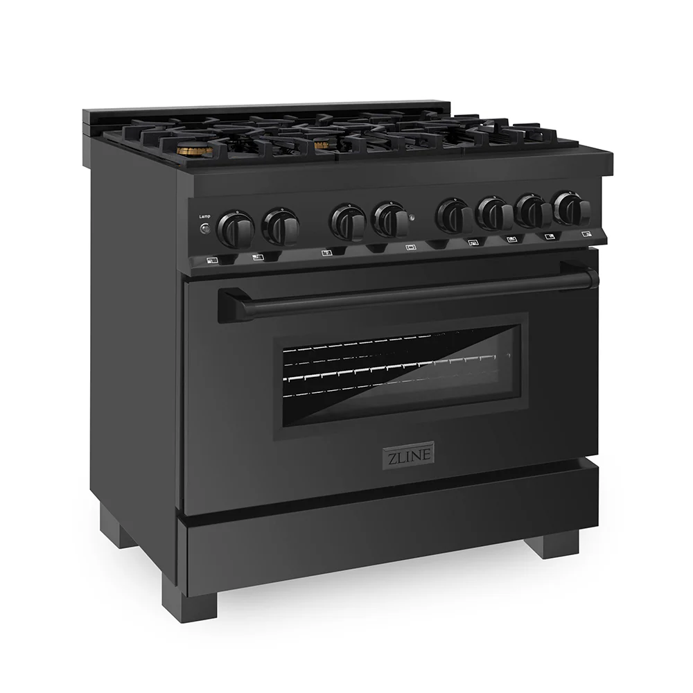 ZLINE 36 in. 4.6 cu. ft. Legacy Dual Fuel Range with Gas Cooktop and Electric Convection Oven in Black Stainless Steel with 6 Brass Burners, Open Box-Great Condition