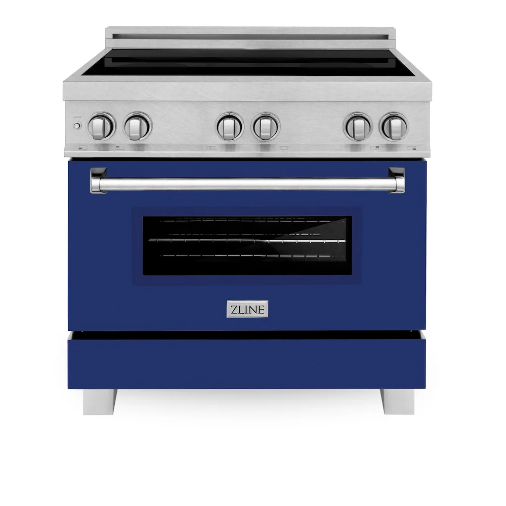 ZLINE 36 in. 4.6 cu. ft. Legacy Induction Range with 5 Element Cooktop and Electric Oven in Satin Stainless Steel and Blue Gloss Door, Open Box-Great Condition - Image 4