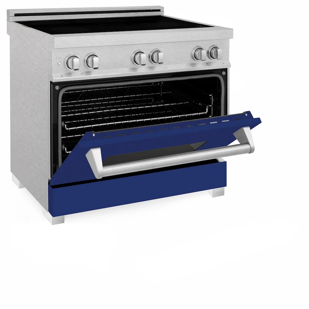 ZLINE 36 in. 4.6 cu. ft. Legacy Induction Range with 5 Element Cooktop and Electric Oven in Satin Stainless Steel and Blue Gloss Door, Open Box-Great Condition - Image 8