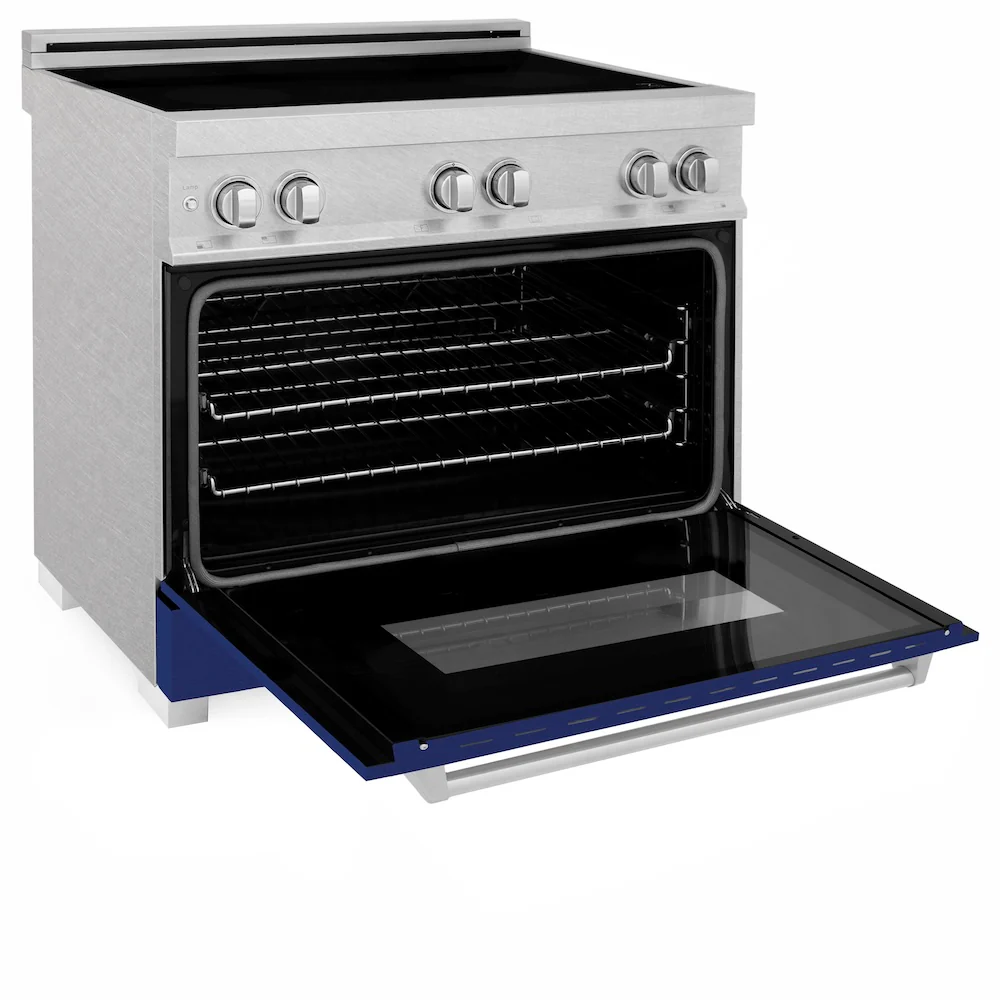 ZLINE 36 in. 4.6 cu. ft. Legacy Induction Range with 5 Element Cooktop and Electric Oven in Satin Stainless Steel and Blue Gloss Door, Open Box-Great Condition - Image 9