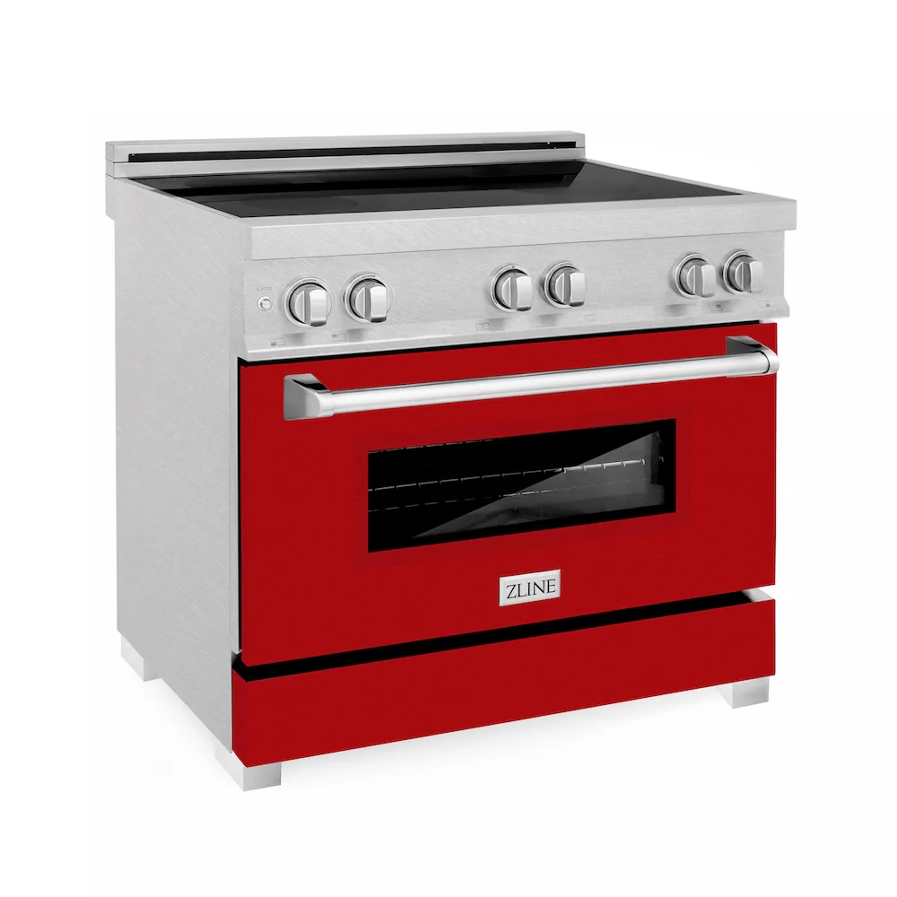 ZLINE 36 in. 4.6 cu. ft. Legacy Induction Range with 5 Element Cooktop and Electric Oven in Satin Stainless Steel and Red Gloss Door, Open Box-Great Condition