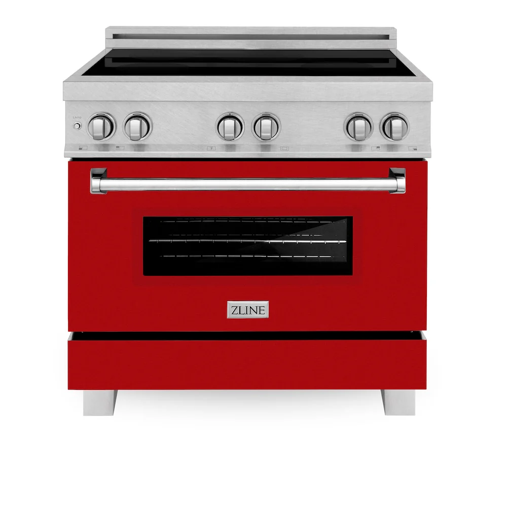 ZLINE 36 in. 4.6 cu. ft. Legacy Induction Range with 5 Element Cooktop and Electric Oven in Satin Stainless Steel and Red Gloss Door, Open Box-Great Condition - Image 4
