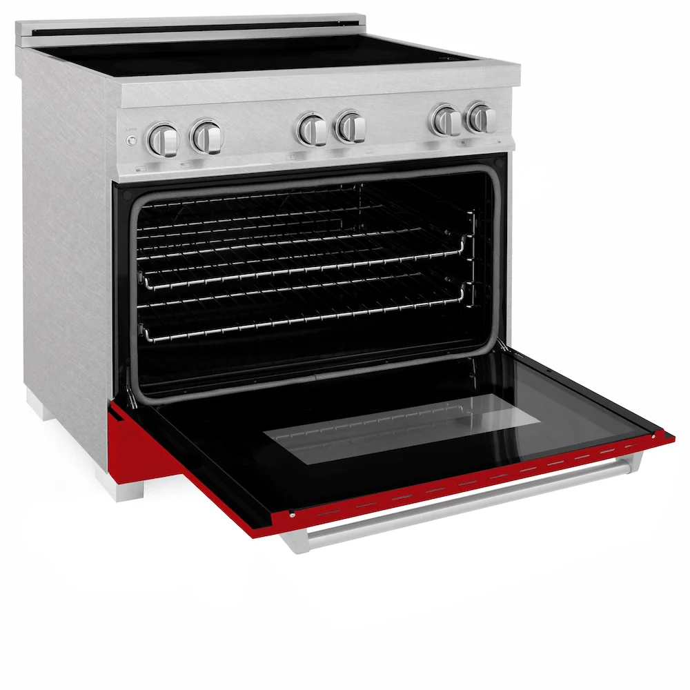 ZLINE 36 in. 4.6 cu. ft. Legacy Induction Range with 5 Element Cooktop and Electric Oven in Satin Stainless Steel and Red Gloss Door, Open Box-Great Condition - Image 9