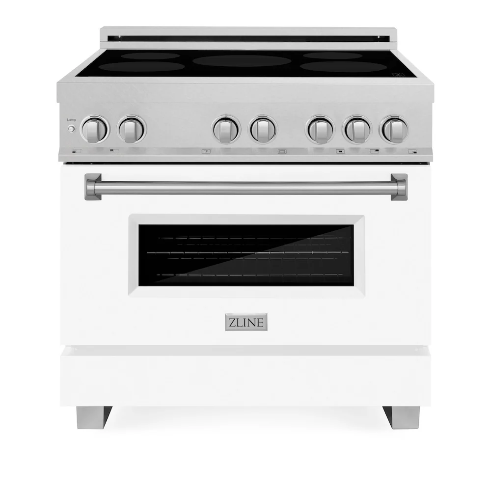 ZLINE 36 in. 4.6 cu. ft. Legacy Induction Range with 5 Element Cooktop and Electric Oven in Satin Stainless Steel and White Matte Door, Open Box-Great Condition - Image 2