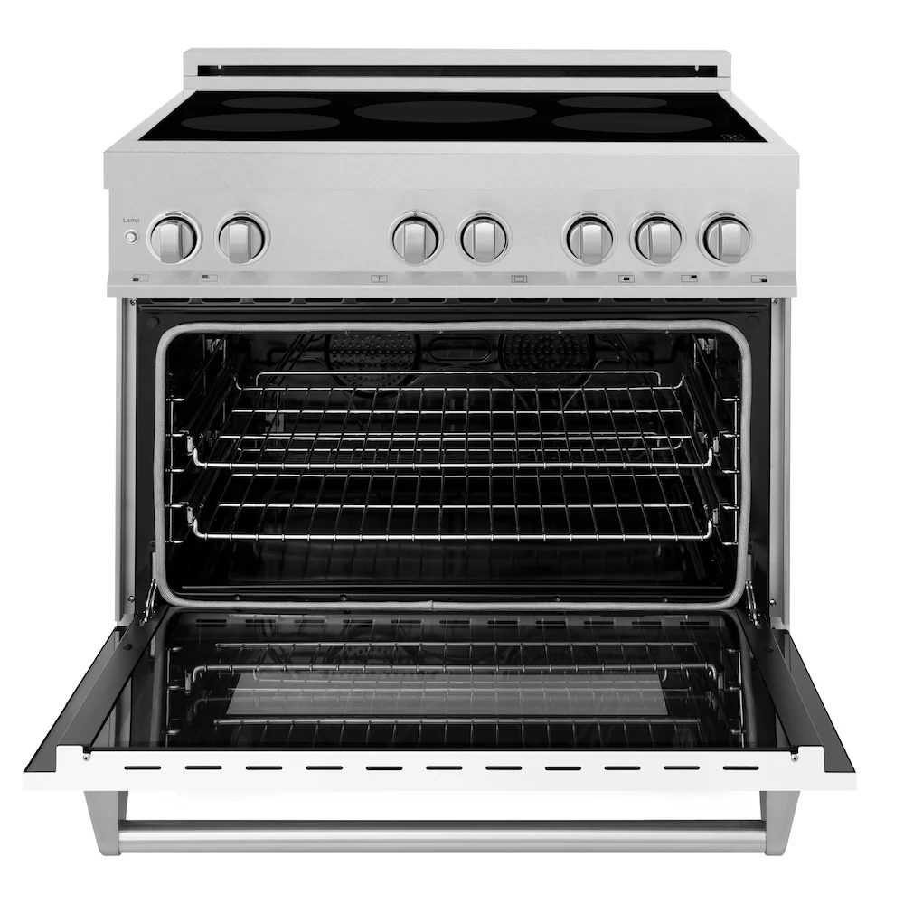 ZLINE 36 in. 4.6 cu. ft. Legacy Induction Range with 5 Element Cooktop and Electric Oven in Satin Stainless Steel and White Matte Door, Open Box-Great Condition - Image 3