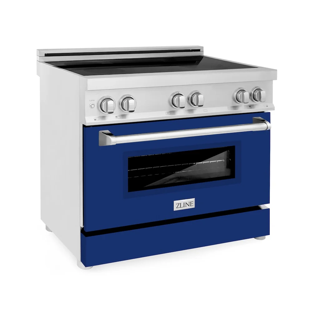 ZLINE 36 in. 4.6 cu. ft. Legacy Induction Range with 5 Element Cooktop and Electric Oven in Stainless Steel and Blue Gloss Door, Open Box-Great Condition