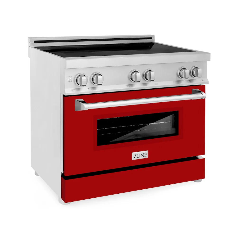 ZLINE 36 in. 4.6 cu. ft. Legacy Induction Range with 5 Element Cooktop and Electric Oven in Stainless Steel and Red Gloss Door, Open Box-Great Condition
