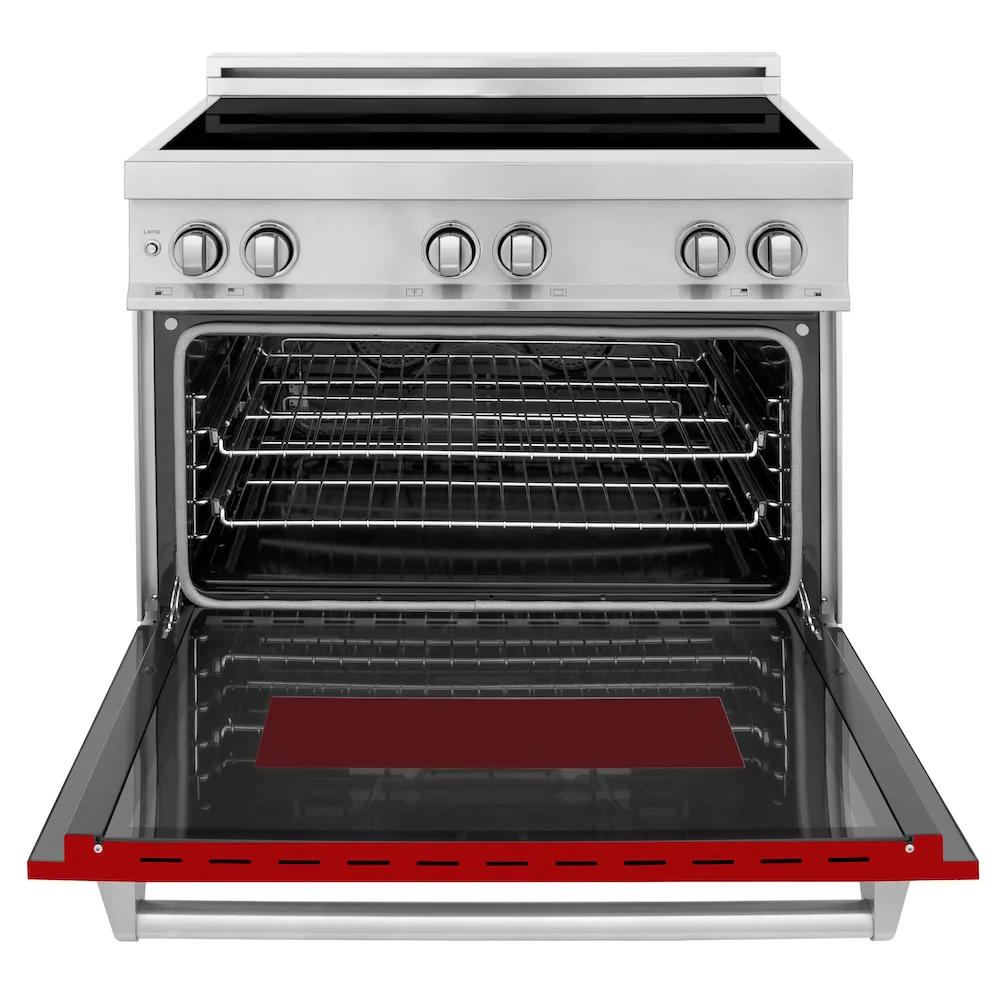ZLINE 36 in. 4.6 cu. ft. Legacy Induction Range with 5 Element Cooktop and Electric Oven in Stainless Steel and Red Gloss Door, Open Box-Great Condition - Image 6