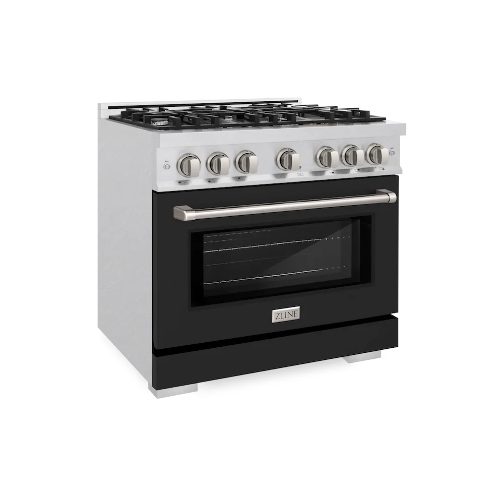 ZLINE 36 in. 5.2 cu. ft. Select Dual Fuel Range with 6 Burner Gas Cooktop and Electric Convection Oven in Satin Stainless Steel with Black Matte Door, Open Box-Great Condition