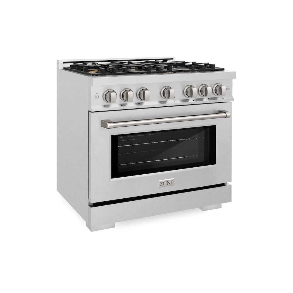 ZLINE 36 in. 5.2 cu. ft. Select Dual Fuel Range with Gas Cooktop and Electric Convection Oven in Satin Stainless Steel with 6 Brass Burners, Open Box-Great Condition