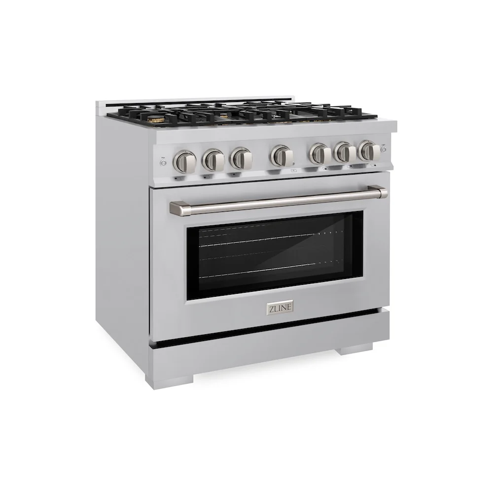 ZLINE 36 in. 5.2 cu. ft. Select Dual Fuel Range with Gas Cooktop and Electric Convection Oven in Stainless Steel with 6 Brass Burners, Open Box-Great Condition
